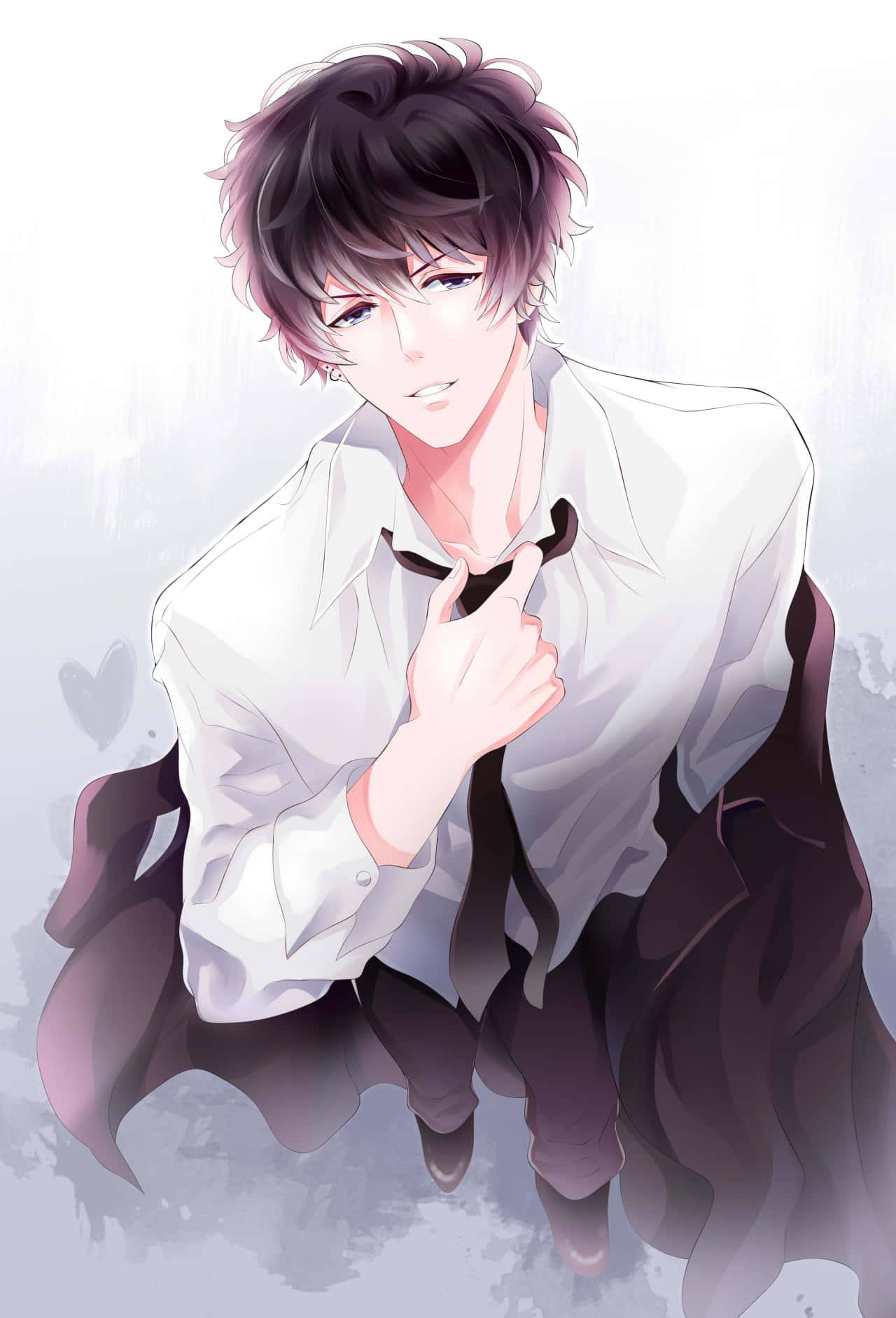  壁紙 — 動漫男孩，一頭凌亂的黑髮帶有粉紅色挑染，在帶有心形圖案的柔和灰色背景前調整他的黑色領帶。