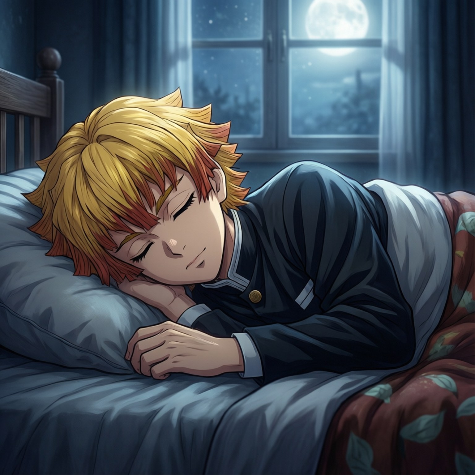 Peaceful Slumber Zenitsu 壁紙 — 一個年輕的動漫男孩，有著尖刺的金髮，在月光透過窗戶照射下的床上安詳地睡著。