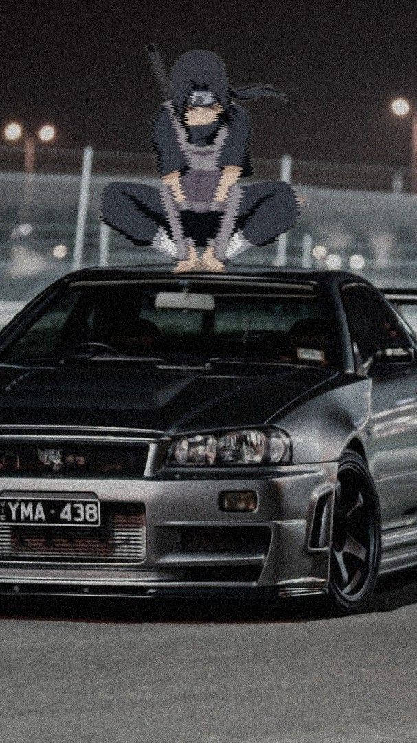 夜晚，動漫忍者坐在銀色跑車上。 — 動漫汽車 壁紙