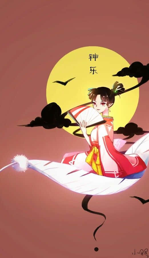 Inuyasha Kagura 桌布 壁紙 — 一位年輕的動漫女孩穿著紅白傳統服飾，優雅地坐在一根漂浮在溫暖日落天空中的大白羽毛上，天空中有黃色的太陽和黑色的雲。