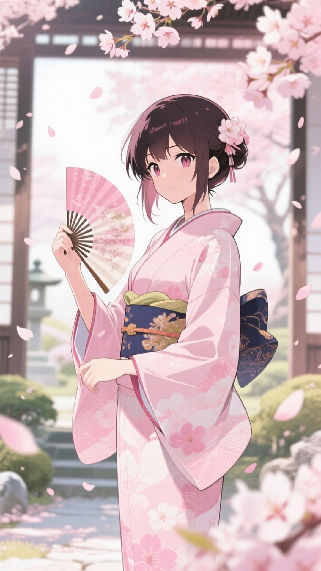 Akame in Kimono 壁紙 — 一位年輕的動漫女孩穿著粉紅色櫻花和服，在傳統日本花園中，在飄落的花瓣下拿著扇子。