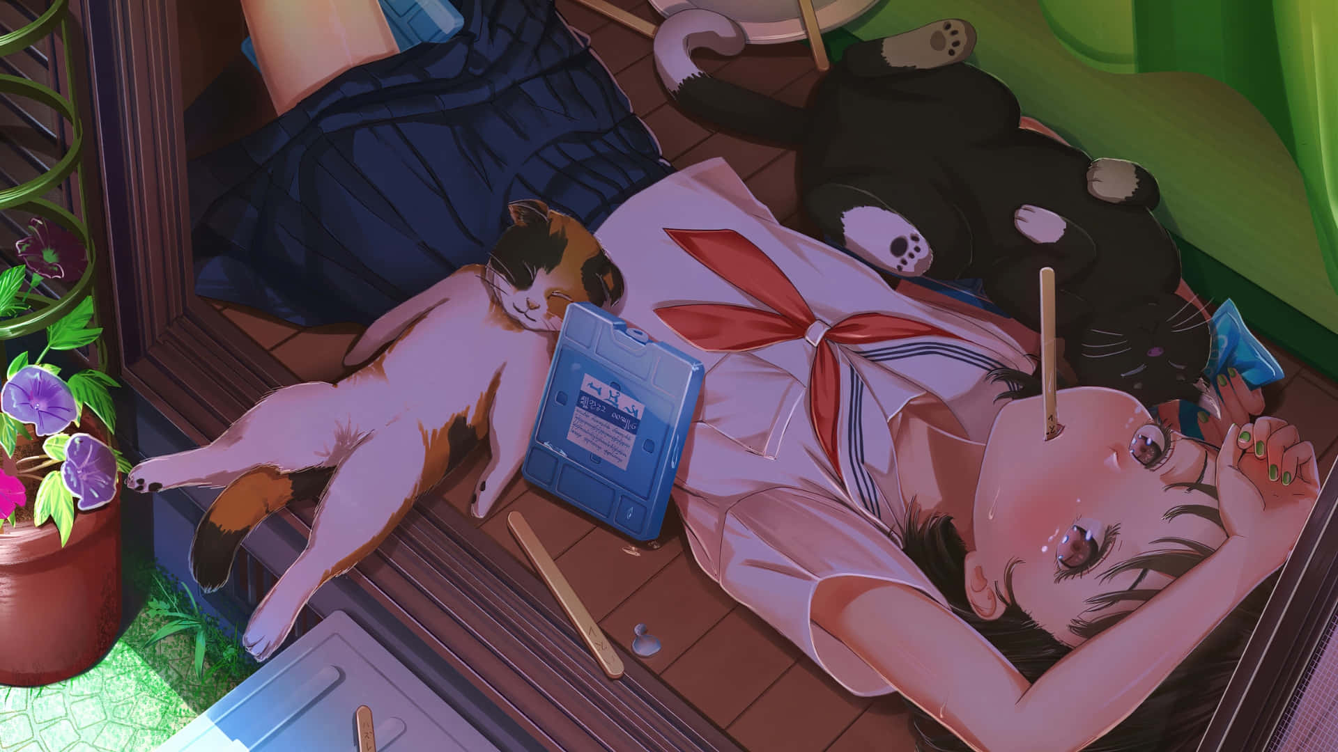 壁紙 — 一個穿著水手服的年輕動漫女孩在木地板上與一隻貓和一個毛絨玩具旁邊平靜地睡著，附近有一盒藍色卡式錄音帶。