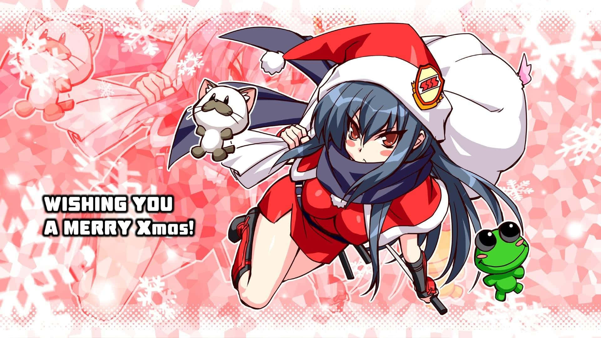  壁紙 — 動漫女孩穿著紅色聖誕老人服裝，與貓和青蛙同伴在雪白粉紅背景前。