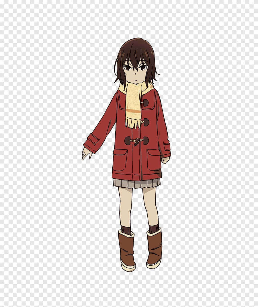 Kayo Hinazuki 桌布 壁紙 — 動漫女孩穿著紅色羽絨外套和米色圍巾，站在透明背景前。