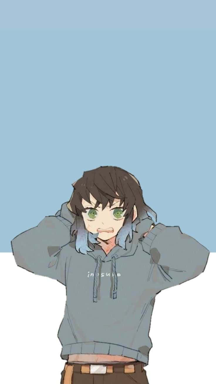  壁紙 — 一位年輕的動漫女孩，擁有綠色眼睛和棕色頭髮，穿著灰色連帽衫，在柔和的藍色背景前調整她的帽子。