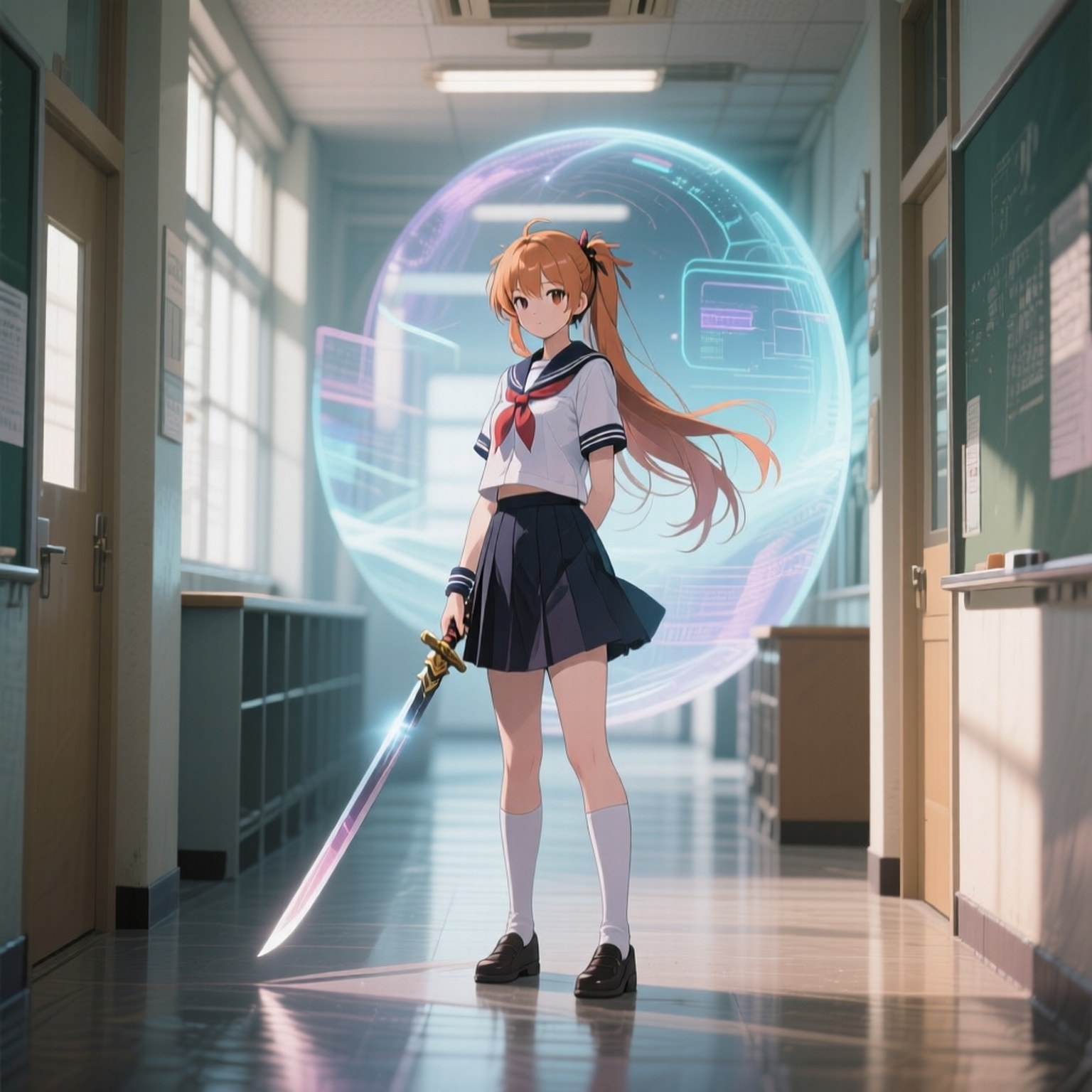 Two Worlds Collide 壁紙 — 一位穿著校服的動漫女孩在陽光照射的走廊中手持發光劍，身後有一個漂浮的全息球體。
