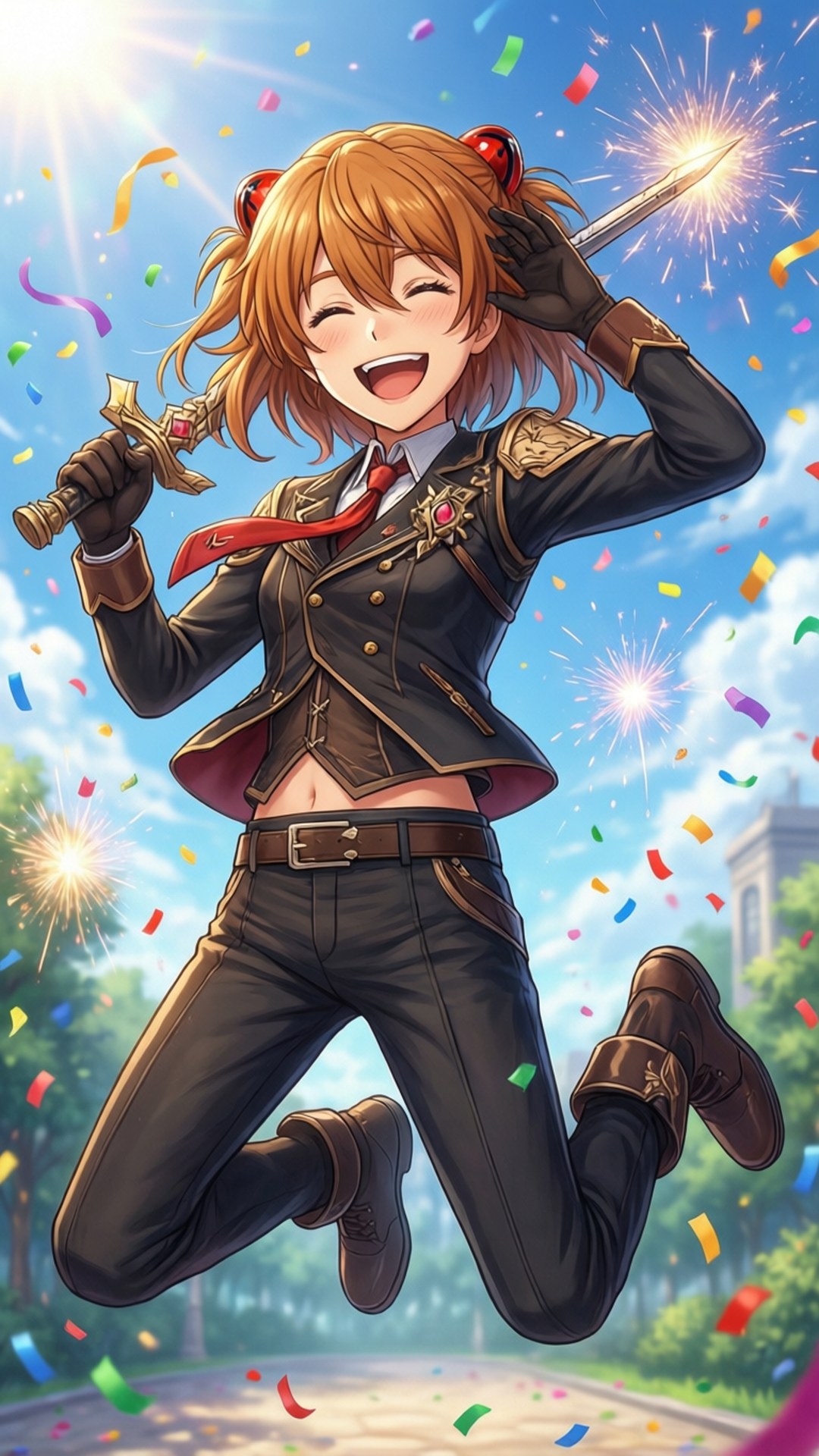 Joyful Victory 壁紙 — 一個快樂的動漫女孩穿著深色制服，手持劍在空中跳躍，煙火和五彩紙屑在她周圍爆炸，背景是明亮的藍天。