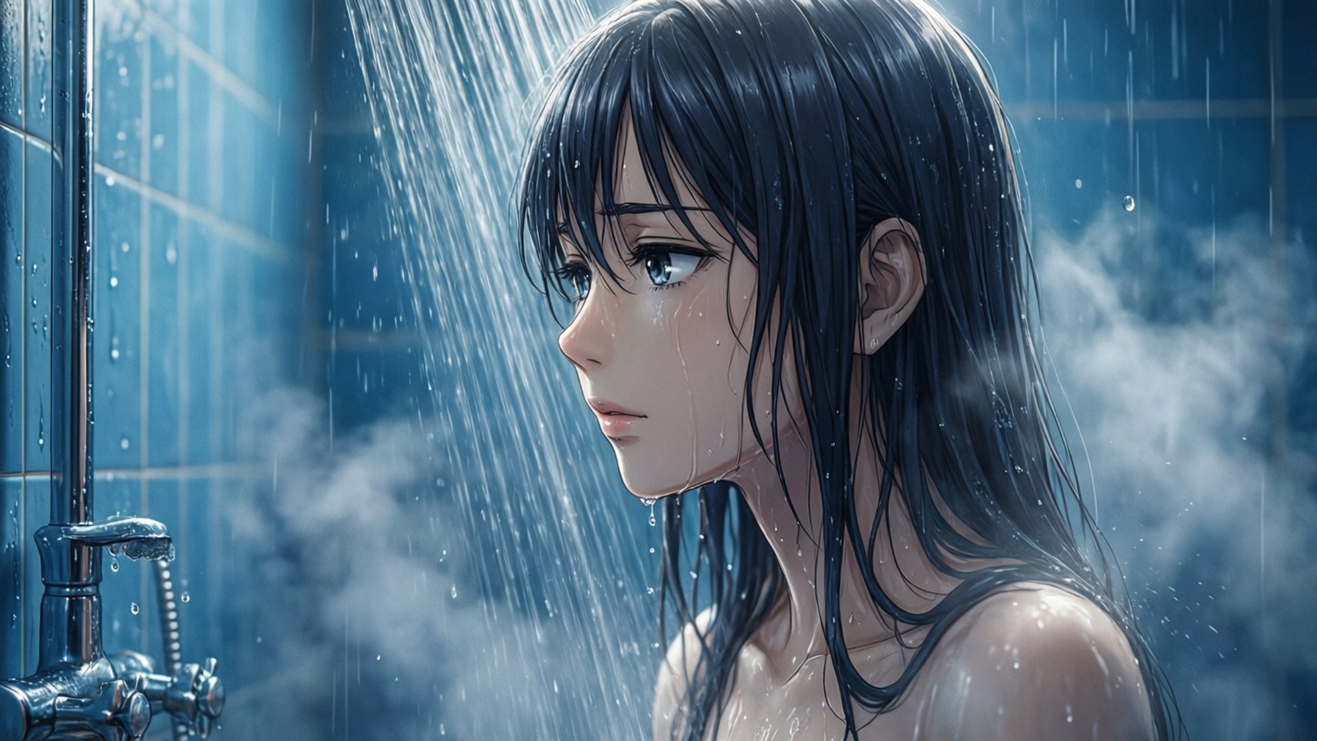 kimi ga nozomu eien 桌布 壁紙 — 一個年輕的動漫女孩，濕漉漉的黑髮，站在瓷磚浴室的淋浴下，周圍蒸汽升騰。