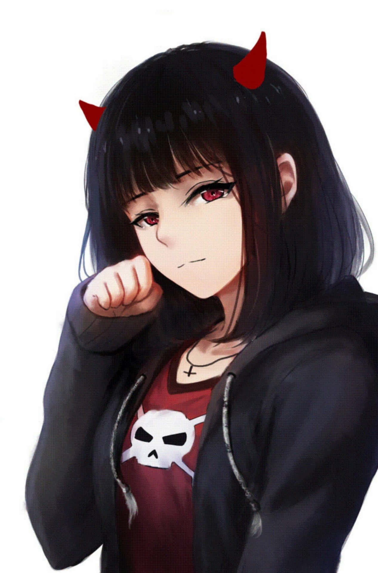 壁紙 — 一位黑髮的動漫女孩，長著紅色的角和眼睛，自信地穿著黑色連帽衫，內搭骷髏T恤，背景是純白色。