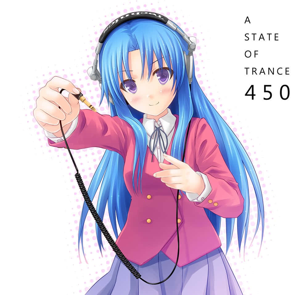 Ami Kawashima 桌布 壁紙 — 動漫女孩，藍色頭髮，戴耳機，在粉紅色圓點背景上拿著電纜，有文字。