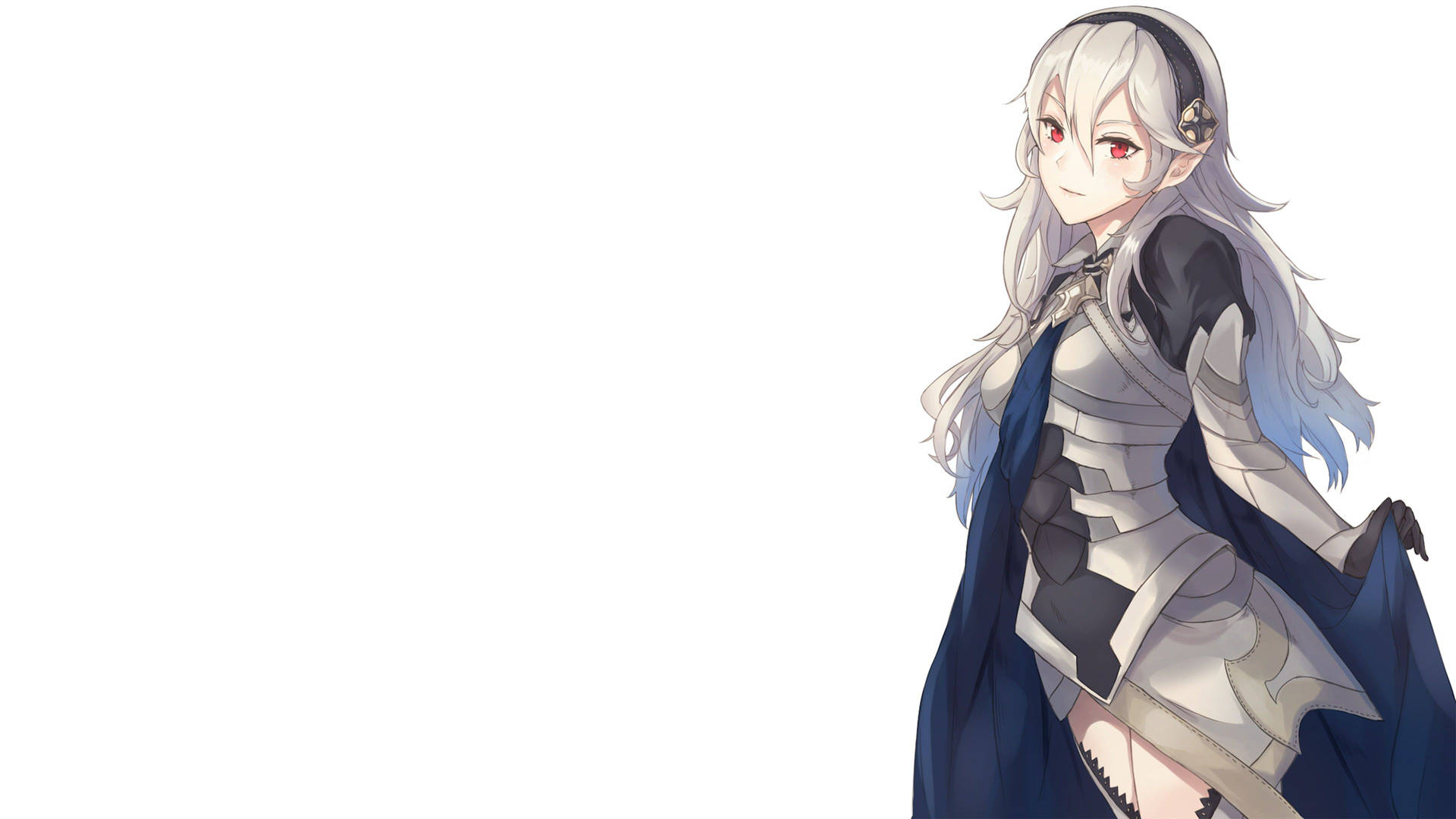 動漫女孩，身穿銀色盔甲和藍色斗篷，銀髮紅眼。 — Fire Emblem Warriors 壁紙