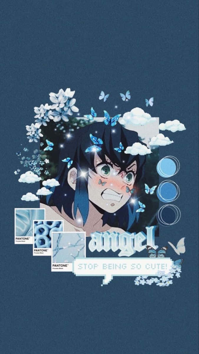  壁紙 — 一個黑髮大眼的動漫女孩，被藍色蝴蝶和雲朵環繞，背景是深藍色。