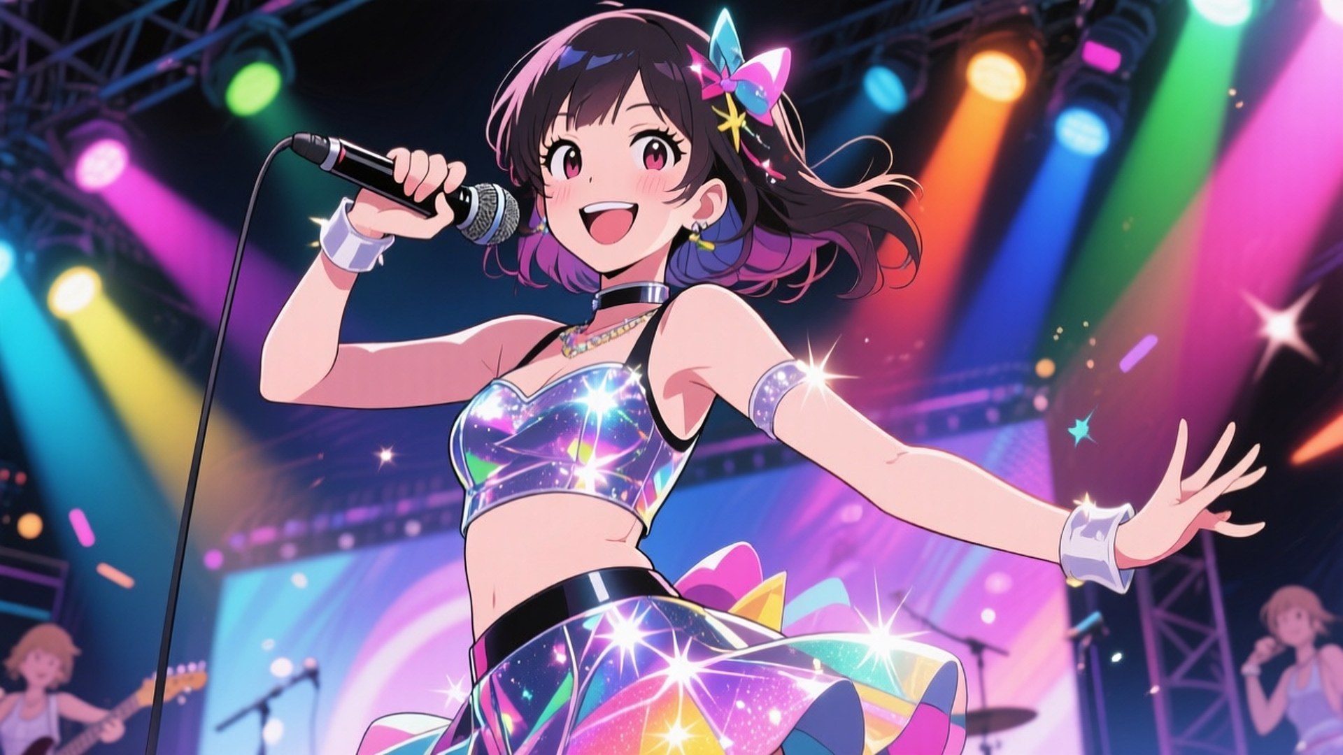 Rise on Stage 壁紙 — 一個充滿活力的紫髮動漫女孩在耀眼的彩虹舞台燈光下對著麥克風唱歌。