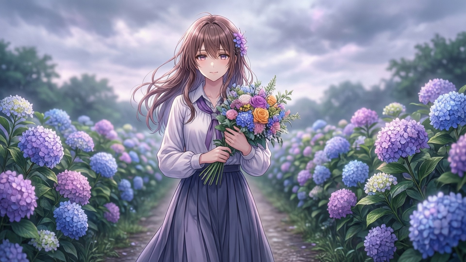 kimi ga nozomu eien 桌布 壁紙 — 一位年輕的動漫女孩，長長的棕色頭髮，在多雲的天空下站在紫色和藍色繡球花田中，拿著一個色彩繽紛的花束。