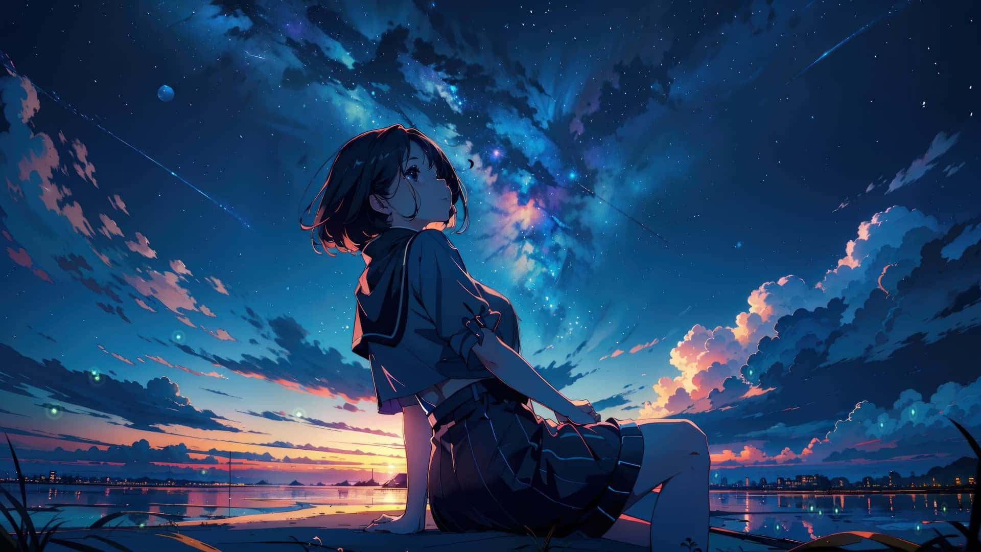  壁紙 — 一個年輕的動漫女孩坐在發光的水邊，在充滿星星和宇宙雲的充滿活力的暮色天空下。