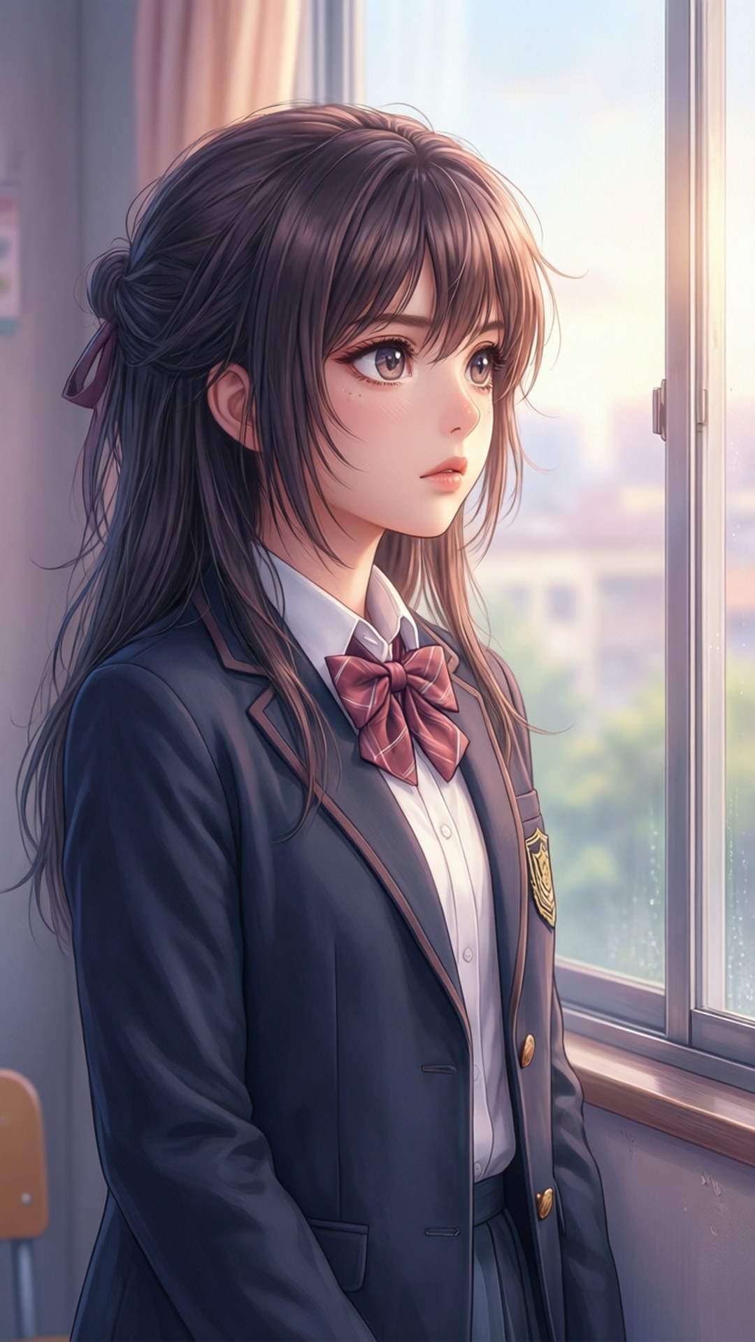 Thoughtful Ichika 壁紙 — 一個穿著深藍色校服、繫著栗色蝴蝶結的年輕動漫女孩站在窗邊，柔和陽光照亮她的臉龐，她凝視著窗外。