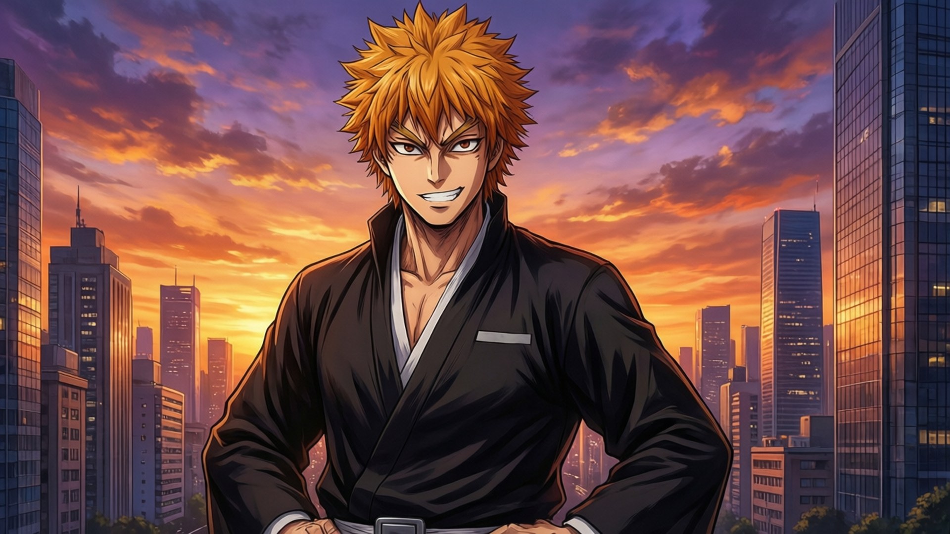 Fullbring Sunset City 壁紙 — 一個黑色長袍、頭髮尖刺的動漫戰士自信地站在現代城市天際線的鮮豔日落前。