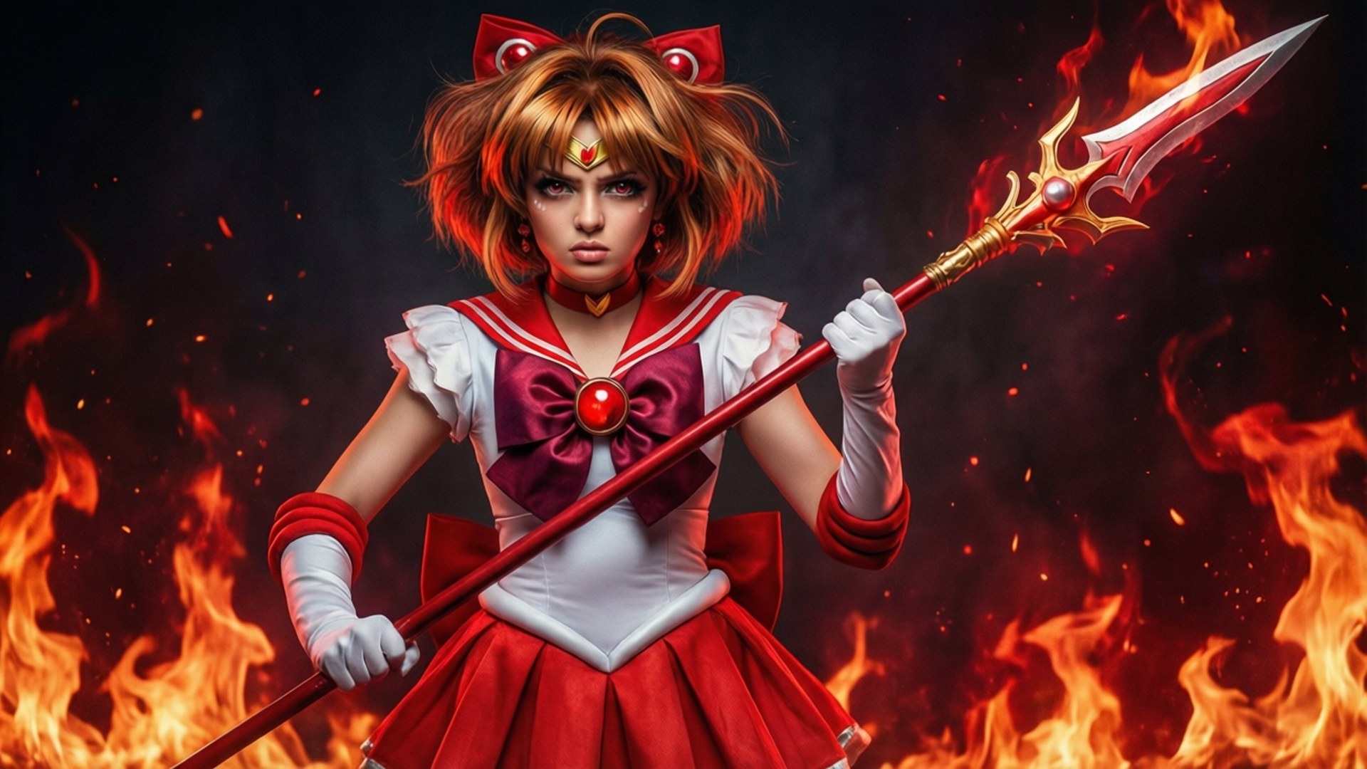 Fiery Kyoko 壁紙 — 一位身穿紅白水手服的兇猛動漫風格戰士，在熊熊烈火背景下揮舞著火焰長矛。