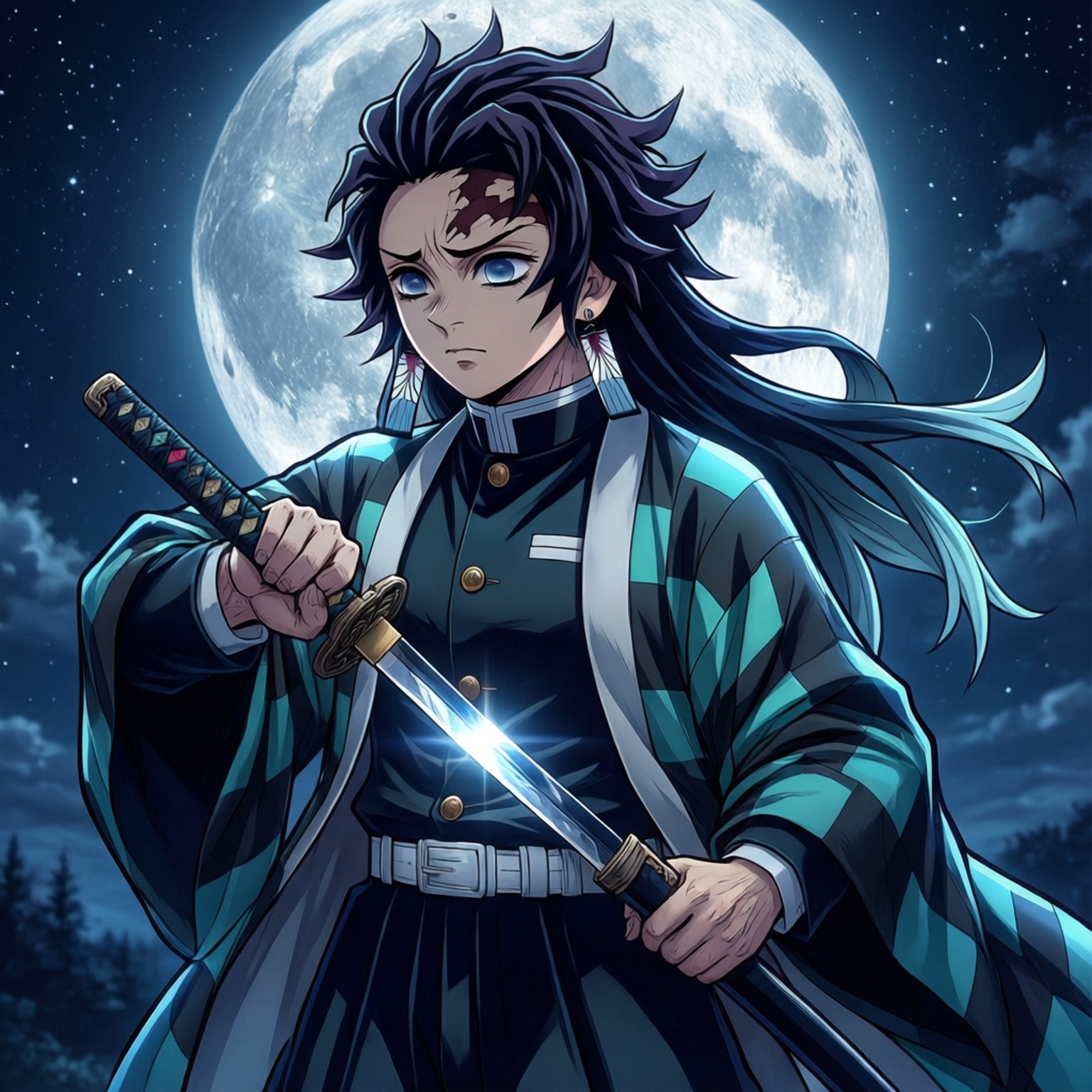 Moonlit Zenitsu 壁紙 — 一個堅定的動漫戰士，黑髮藍眼，在巨大的月光天空下握著一把發光的劍。