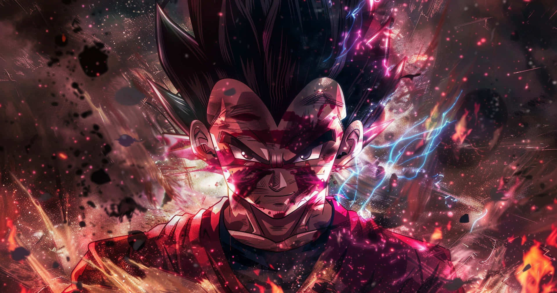  壁紙 — 動漫戰士，頭髮尖刺，臉上閃爍著發光的能量，背景是宇宙爆炸。
