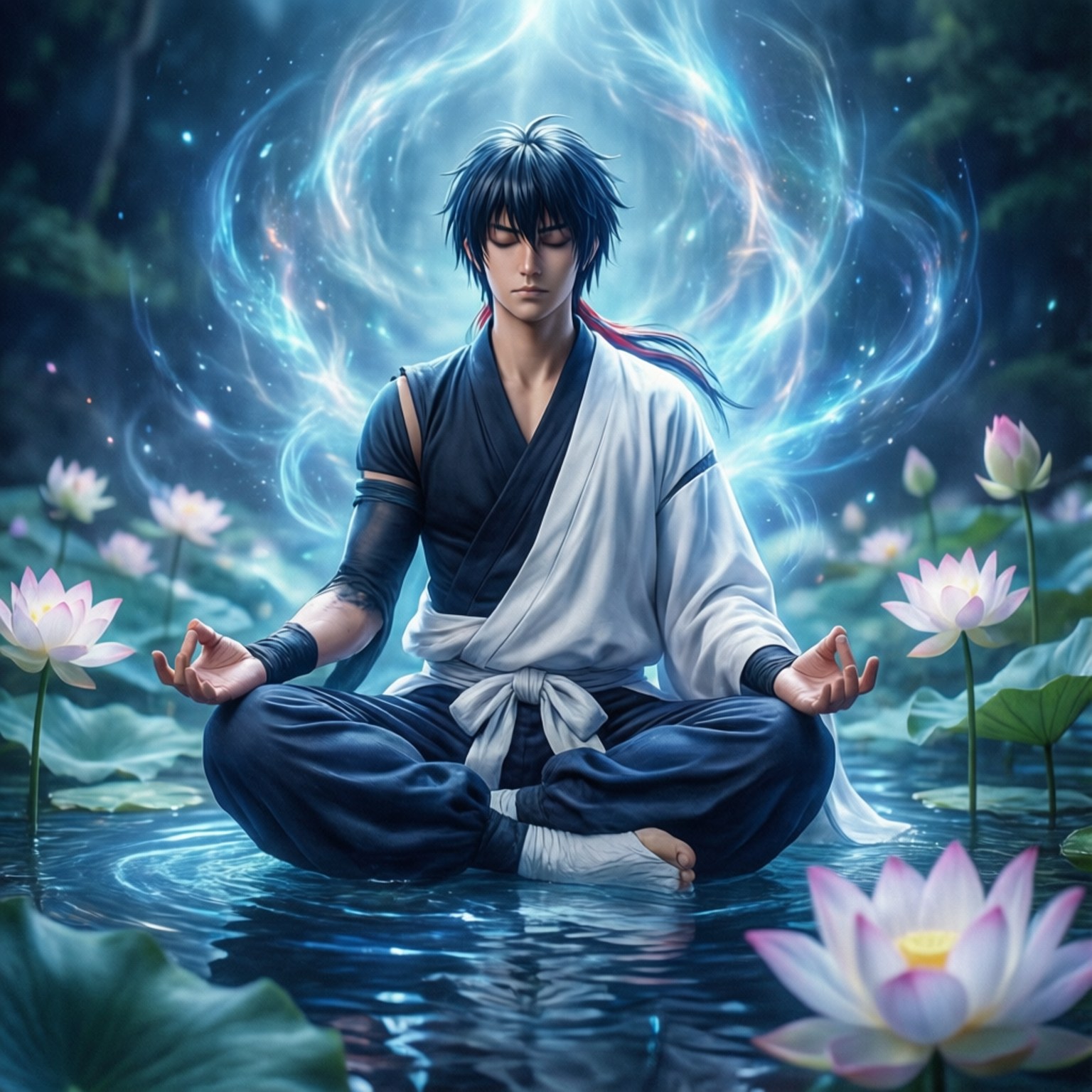 Meditation Over Lotus 壁紙 — 一個寧靜的動漫風格戰士在月光下的水中盤腿冥想，周圍環繞著發光的蓮花和旋轉的藍色能量光環。