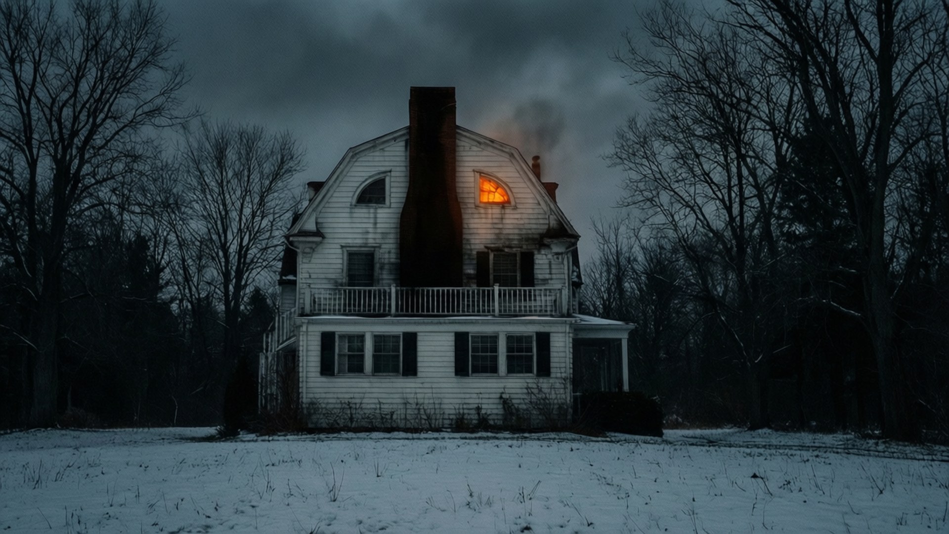 The Amityville Horror 桌布 壁紙 — 冬日雪地中一座孤獨的白屋，一扇發光的窗戶，煙霧在黑暗暴風雨的天空中升起。