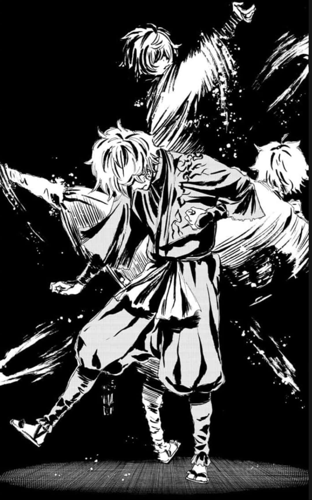  壁紙 — 一幅動態黑白動漫插圖，描繪一個戰士在運動中，帶有運動線條和飛濺效果，背景為深色。