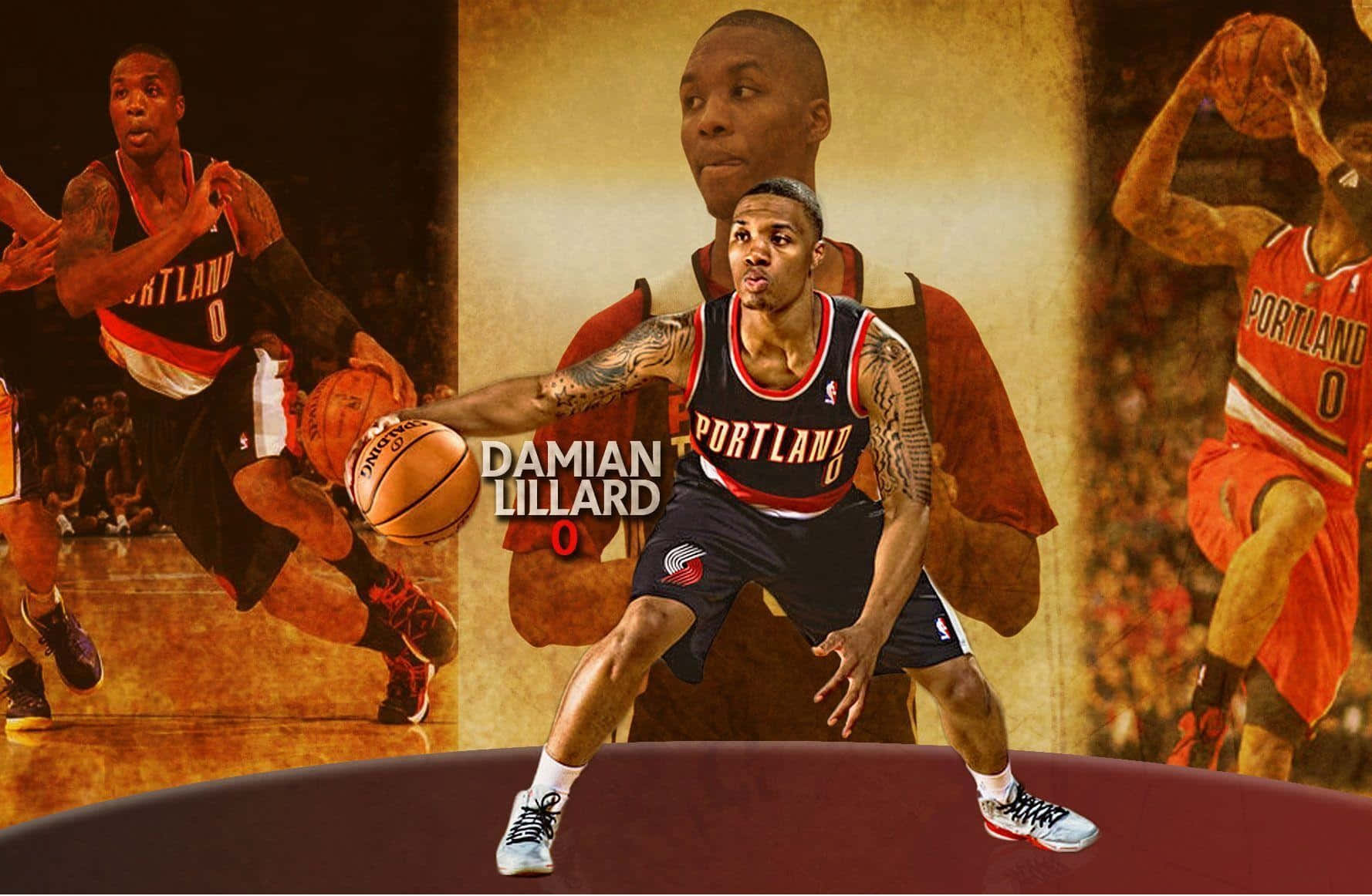  壁紙 — 動態拼貼，籃球運動員 Damian Lillard 穿著波特蘭拓荒者隊制服，在溫暖的金色燈光下擺出動作姿勢。