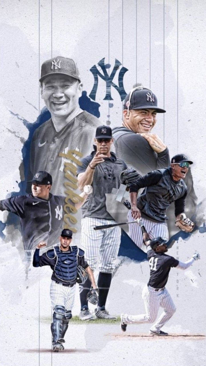 紐約洋基隊棒球選手在紋理背景上擺出各種比賽姿勢。 — MLB 壁紙