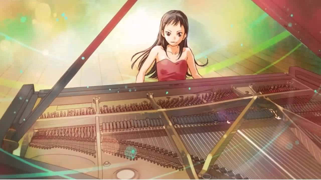  壁紙 — 一位穿著紅色連衣裙的年輕動漫女孩坐在三角鋼琴前，身後迸發出閃爍的綠色和黃色光線。