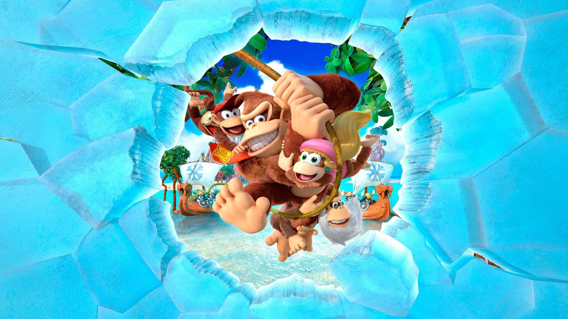 Diddy Kong 桌布 壁紙 — Donkey Kong 和朋友們衝破一道裂開的冰牆，露出後面陽光普照的熱帶島嶼。