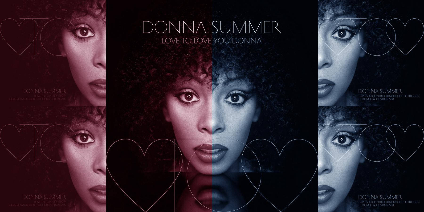 Singing 桌布 壁紙 — Donna Summer 的分割肖像，半邊臉是溫暖的紅色調，半邊是冷色藍色調，並以心形輪廓框住。