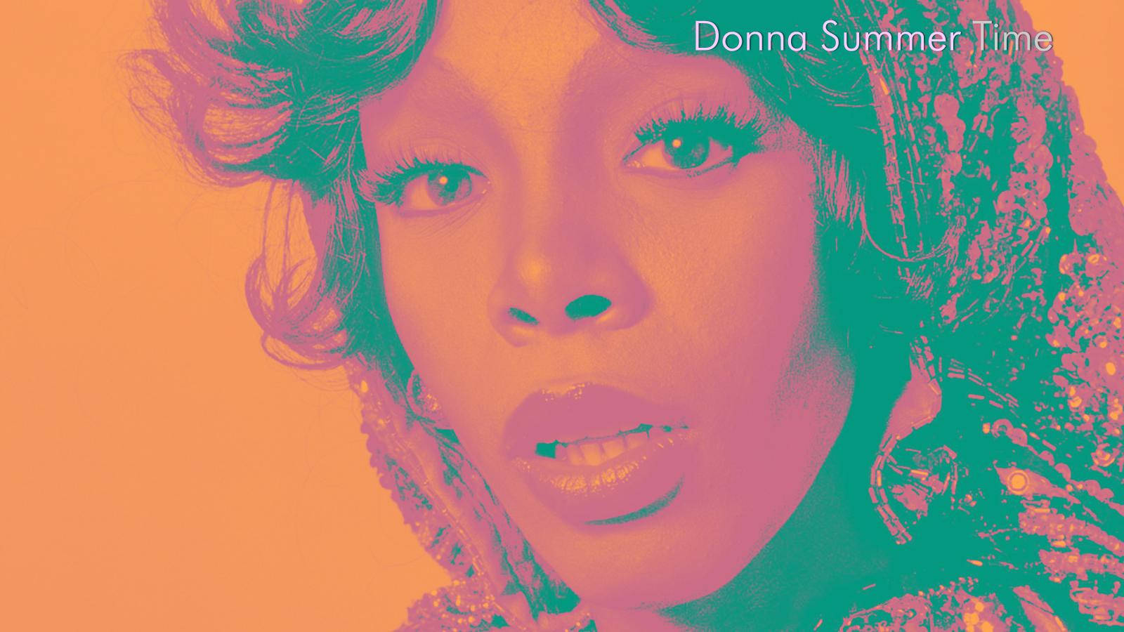 Celebrity 桌布 壁紙 — Donna Summer 的鮮豔肖像，帶有大膽的粉紅色和藍綠色調色，背景為純橙色。