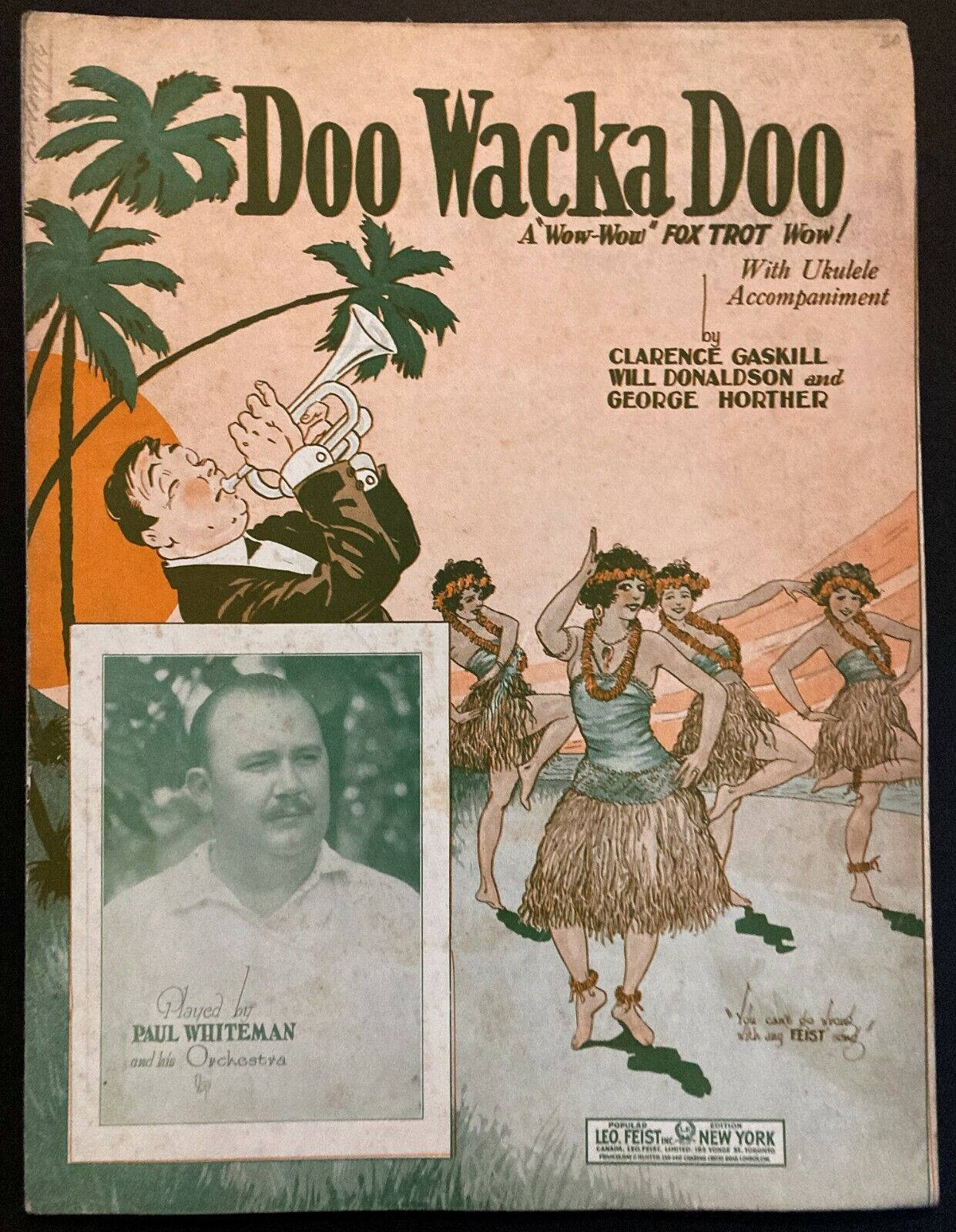 artwork 桌布 壁紙 — 「Doo Wacka Doo」的復古樂譜封面顯示一名男子在棕櫚樹下與草裙舞者旁邊吹奏小號。