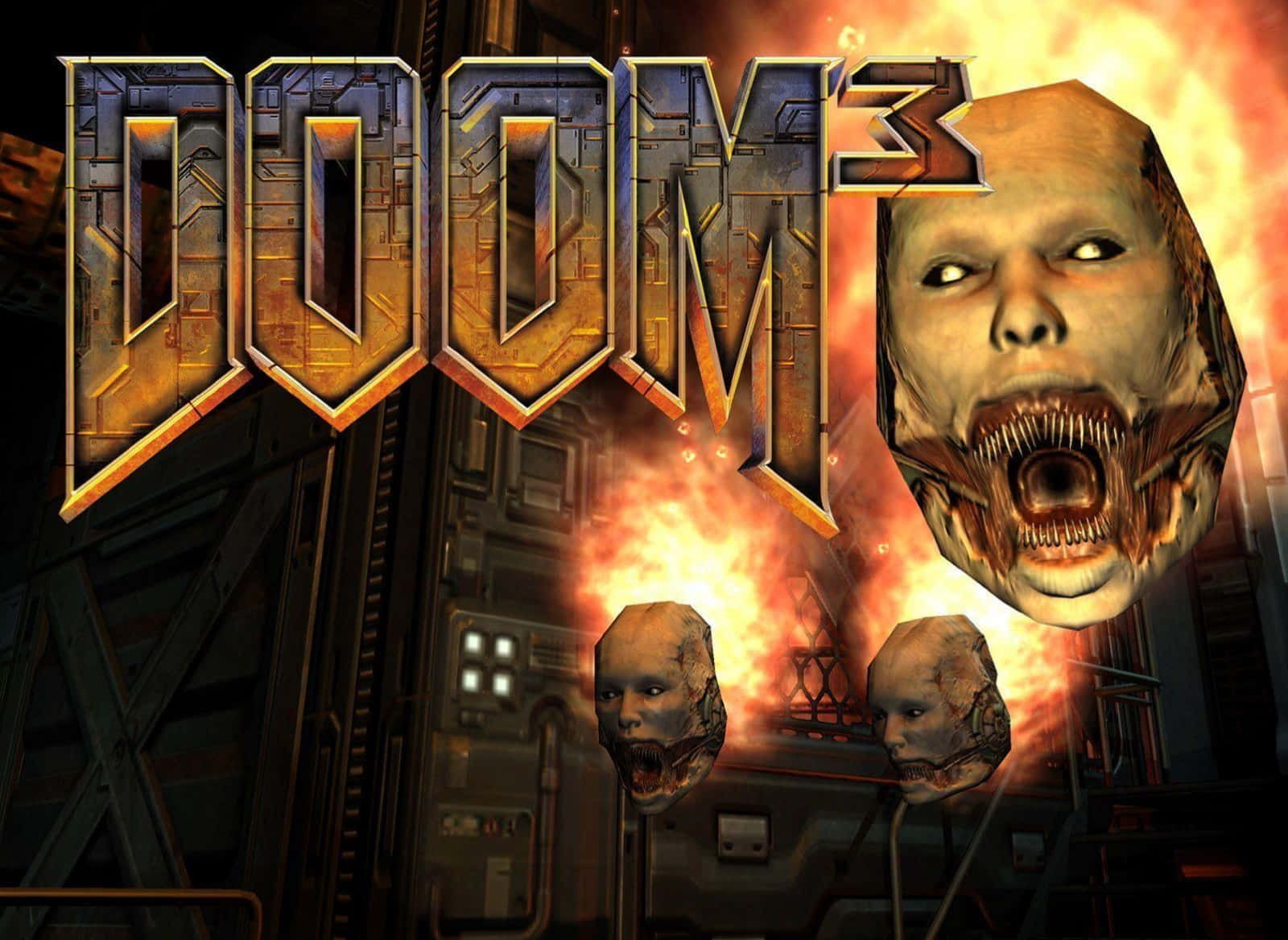 電玩遊戲 桌布 壁紙 — DOOM 3 的標題畫面顯示出在黑暗工業背景下，從熾熱爆炸中湧現的怪誕惡魔頭顱。