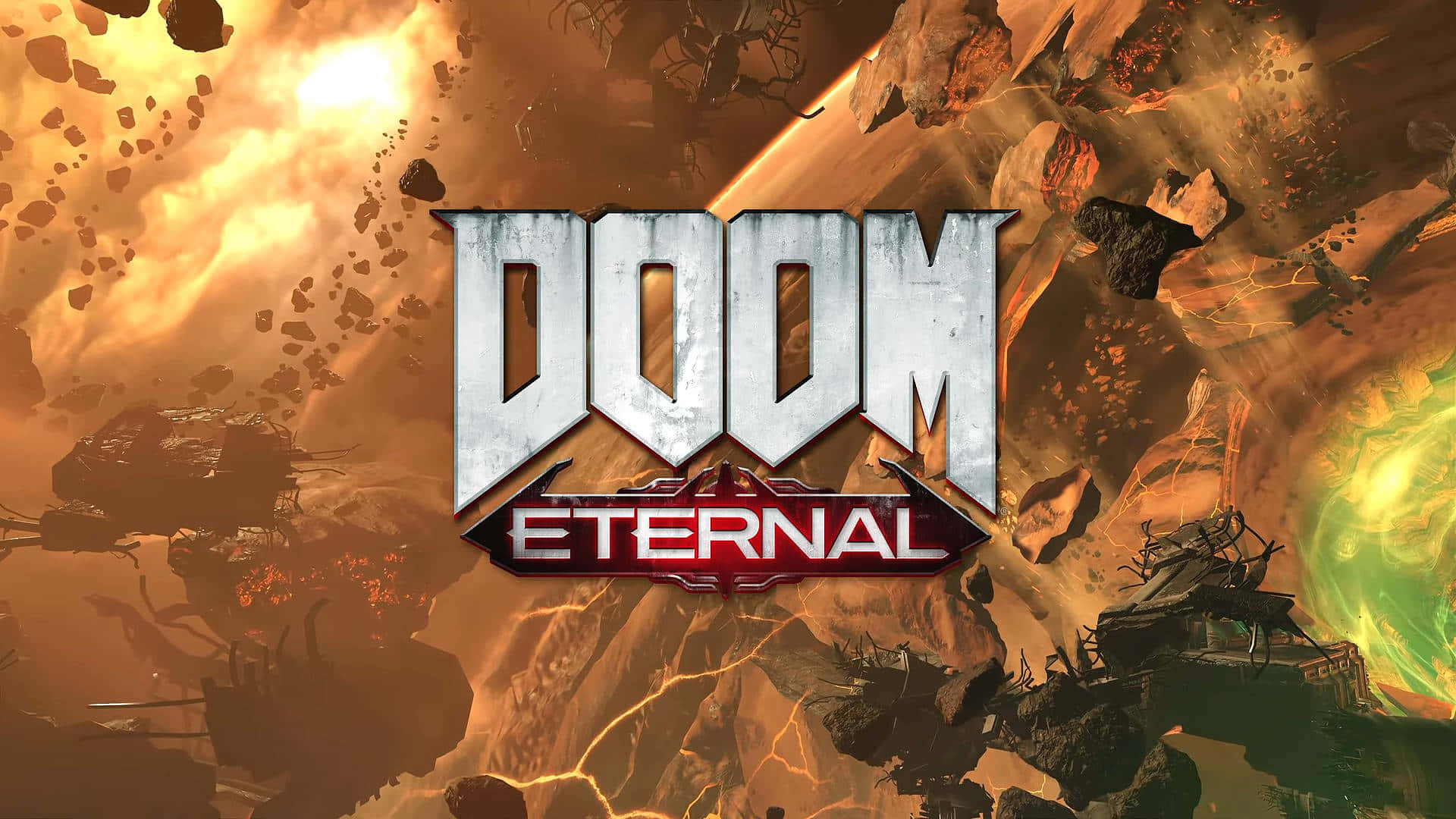 Doom Eternal HD 桌布 壁紙 — DOOM Eternal 標誌在熾熱的末日背景下發光，背景有漂浮的碎片和發光的綠色能量。