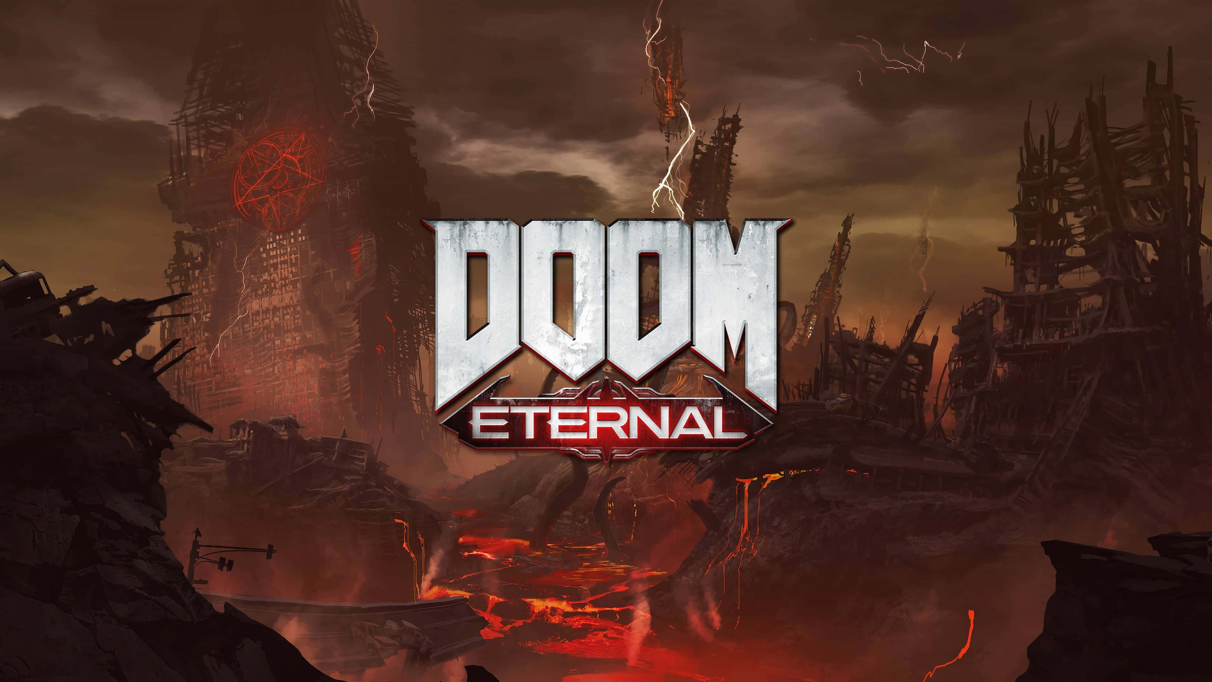 電玩遊戲 桌布 壁紙 — Doom Eternal 標誌在熔岩河流和雷暴的毀滅性末日景觀上發光。