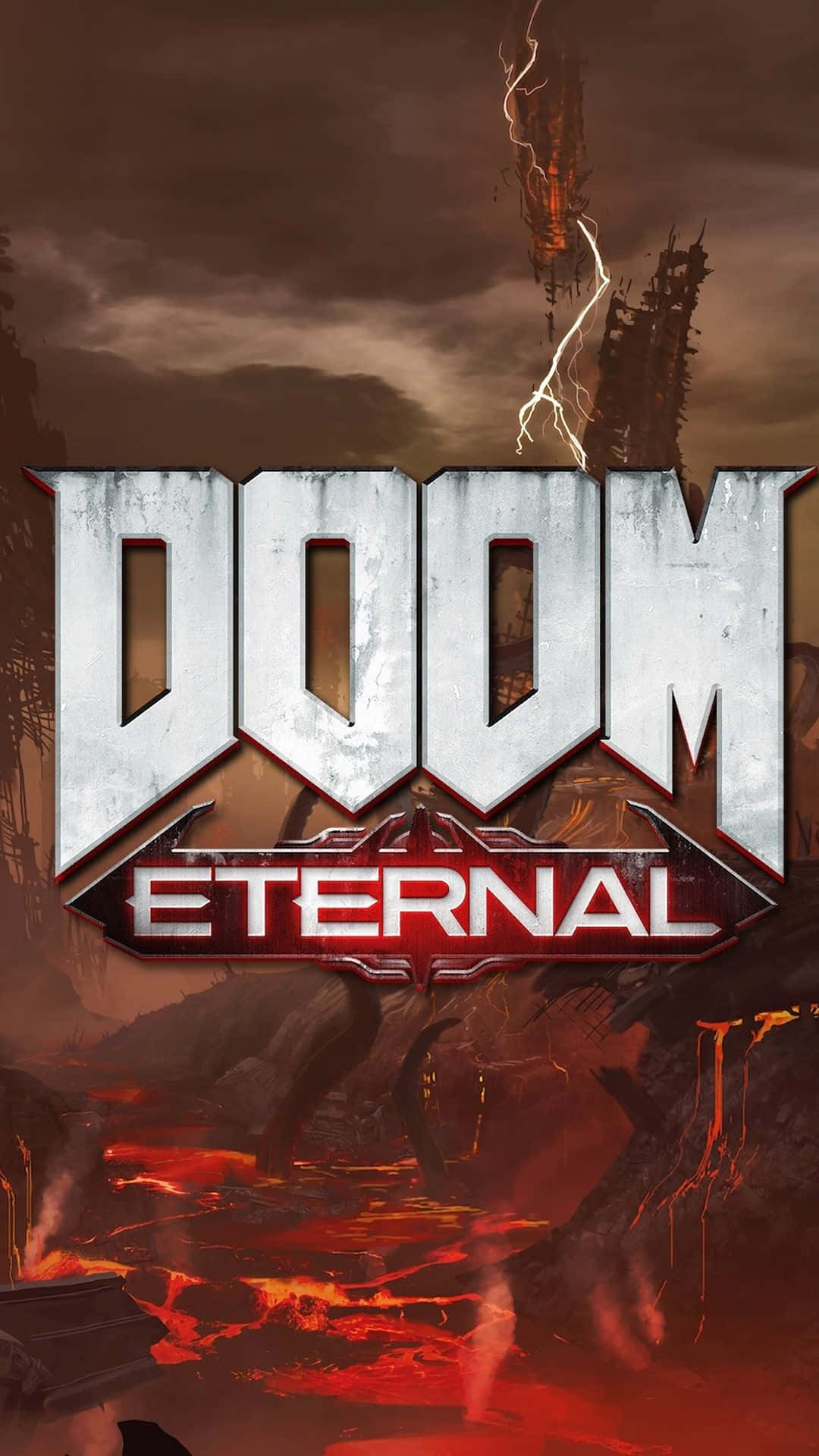 毀滅戰士：永恆 桌布 壁紙 — Doom Eternal 遊戲標誌聳立在地獄般的景觀上，有熔岩河流和閃電擊中毀壞的塔樓。