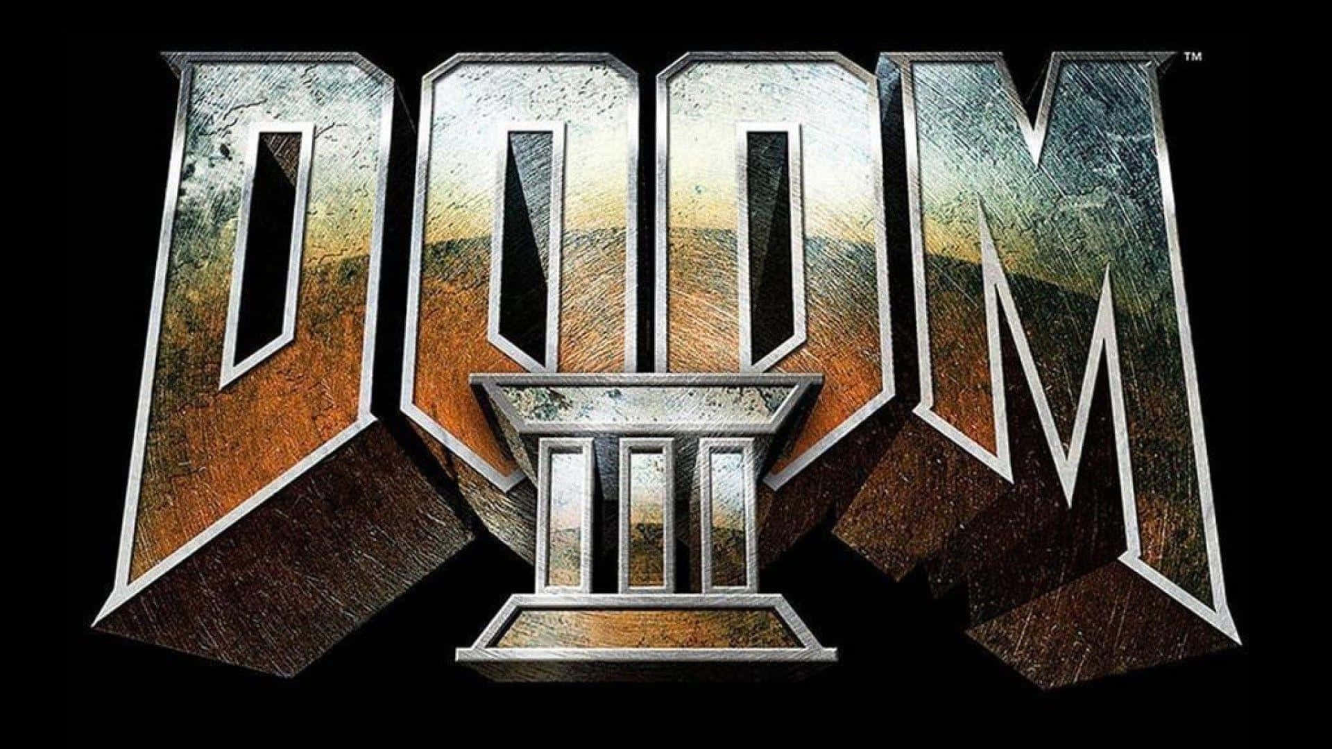 電玩遊戲 桌布 壁紙 — DOOM III 標誌以風化金屬字體呈現，黑色背景上透過鏤空可見崎嶇的沙漠景觀。