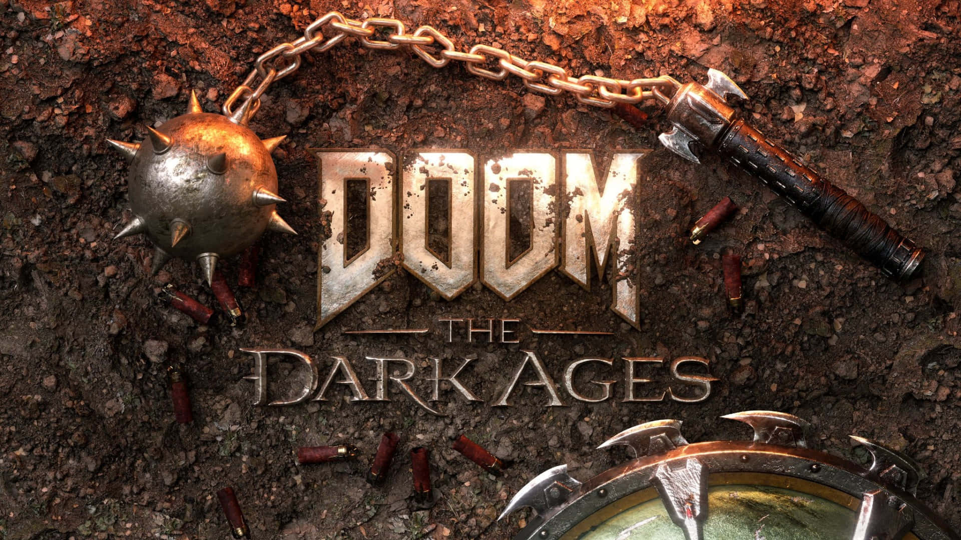  壁紙 — Doom The Dark Ages 標誌嵌入粗糙泥土中，帶有尖刺球鏈斧和散落的子彈。
