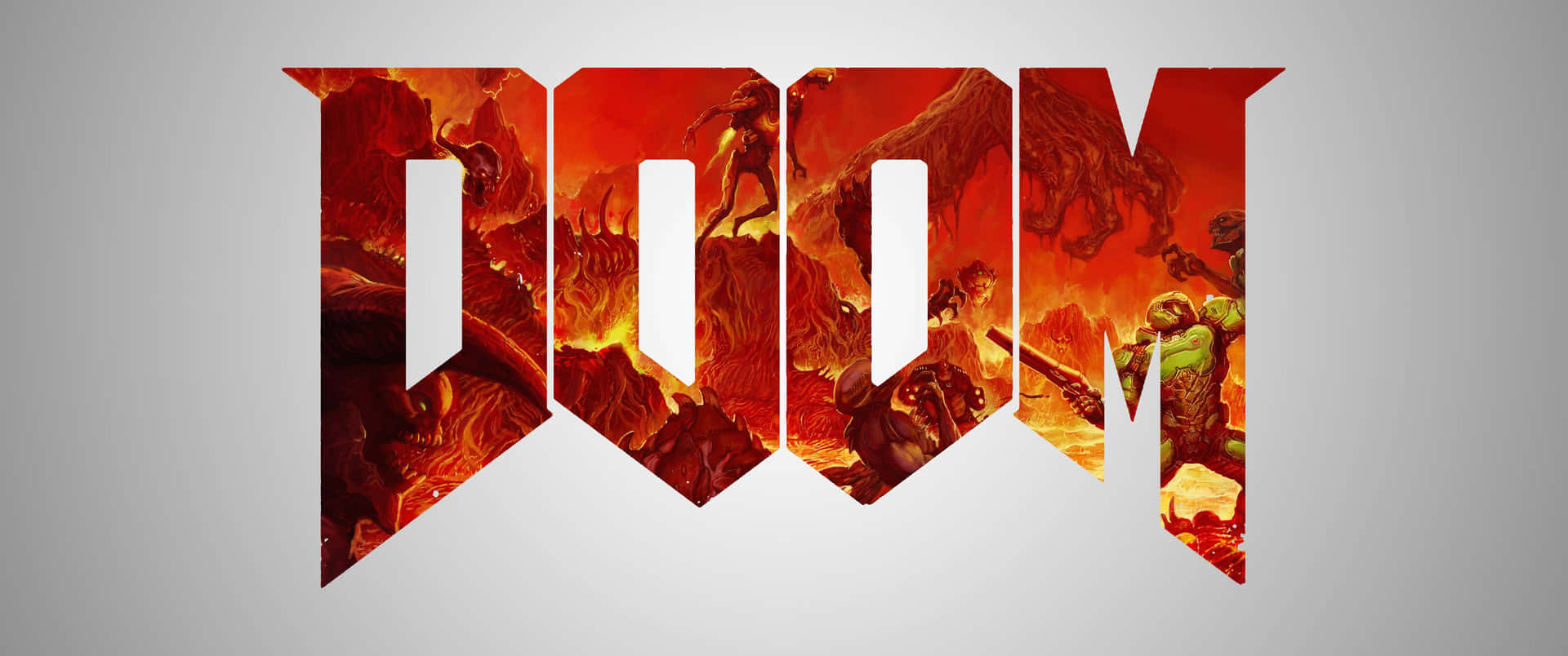 電玩遊戲 桌布 壁紙 — 「DOOM」一字形成一個火焰標誌，充滿了惡魔生物和士兵在地獄般的戰鬥場景中。
