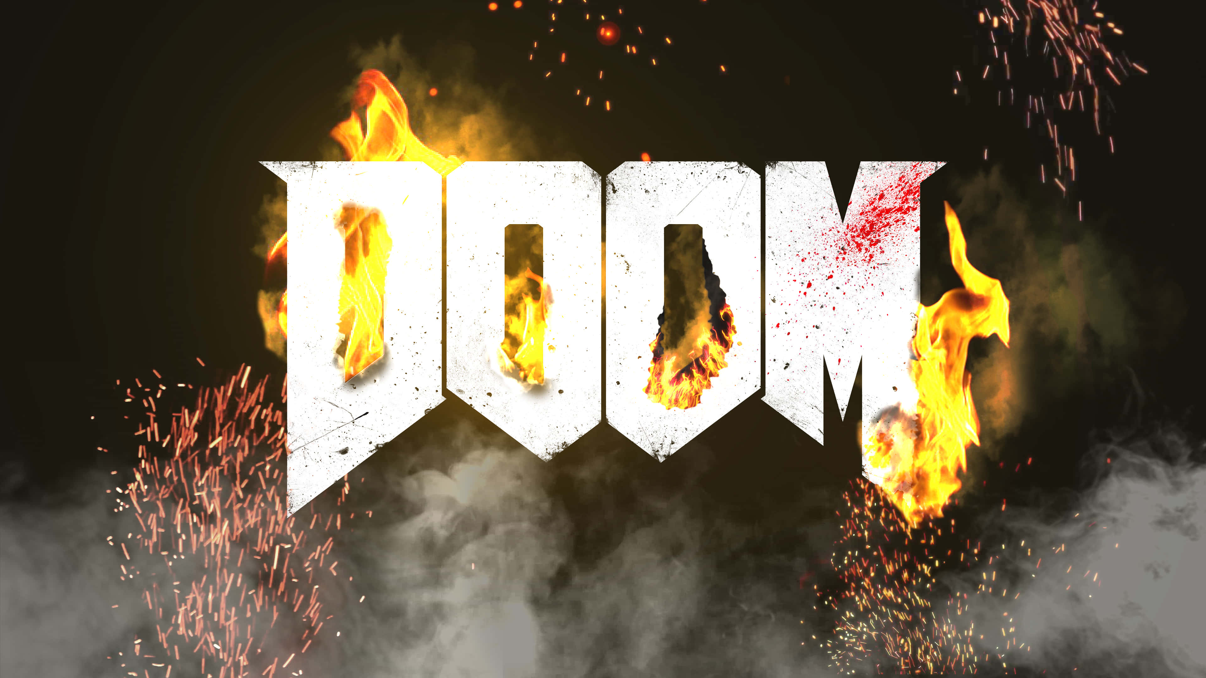 Doom 2016 桌布 壁紙 — 「DOOM」一詞以火焰字母在黑暗煙霧背景中燃燒，火花飛舞。