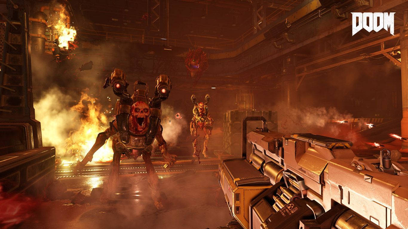 Doom Eternal 桌布 壁紙 — DOOM 中一個熾熱的工業戰場，怪誕的惡魔敵人向玩家的武器推進。