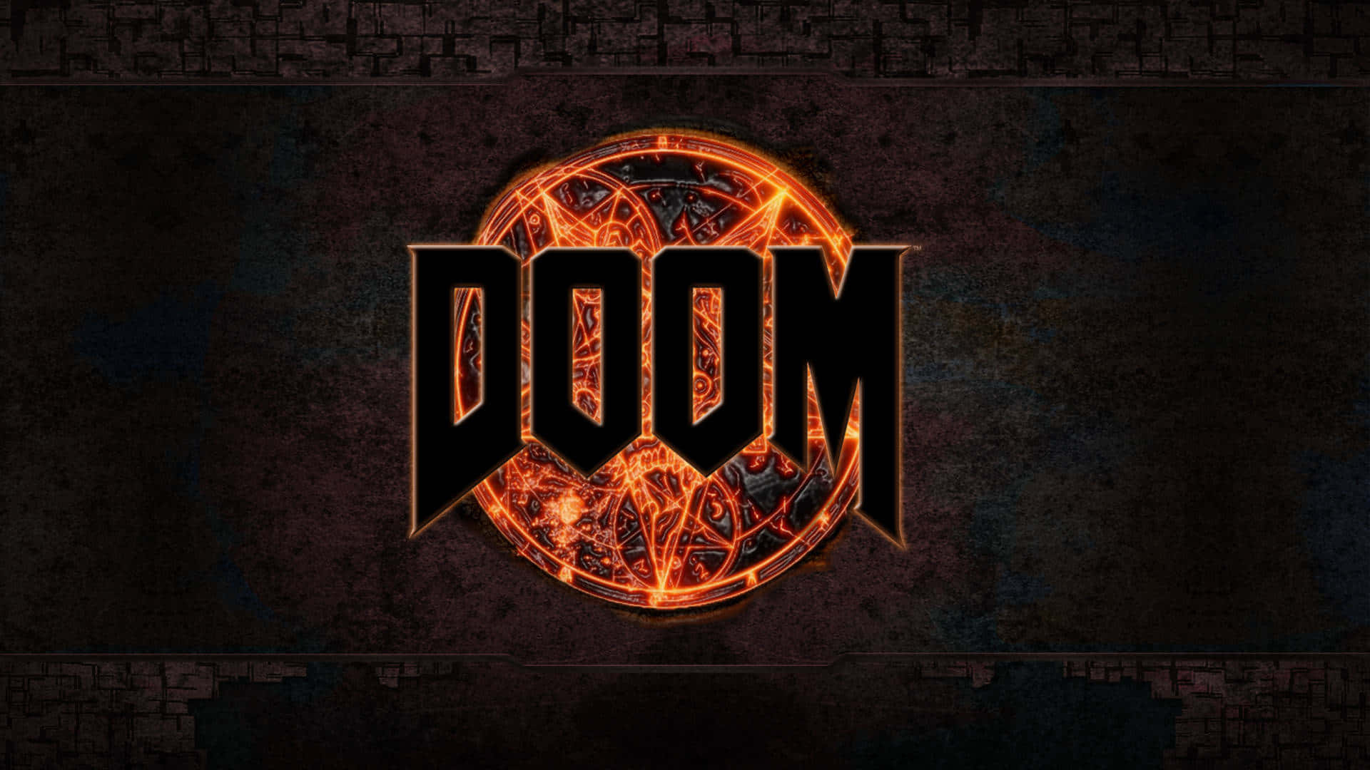 電玩遊戲 桌布 壁紙 — DOOM 標誌在深色紋理石牆背景下散發出熾熱的橙色能量光芒。