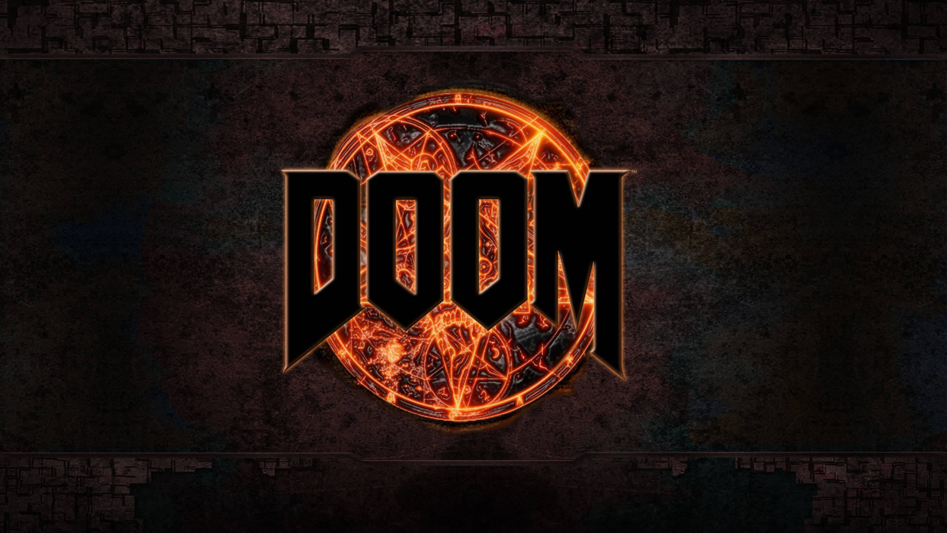 doom HD 桌布 壁紙 — DOOM 標誌在深色紋理石質背景上散發出火熱的橙色能量。