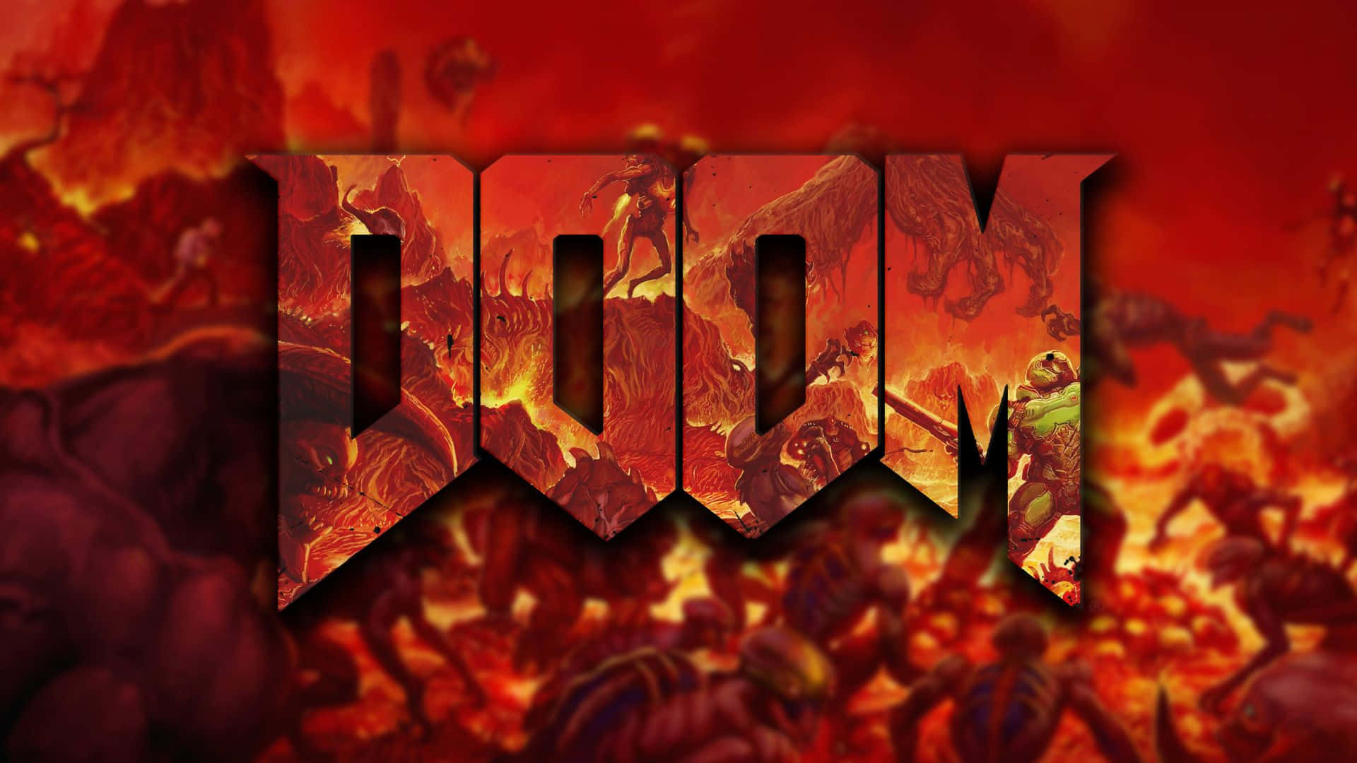 電玩遊戲 桌布 壁紙 — DOOM 這個字從一個充滿惡魔生物和熔岩的熾熱地獄景觀中浮現。