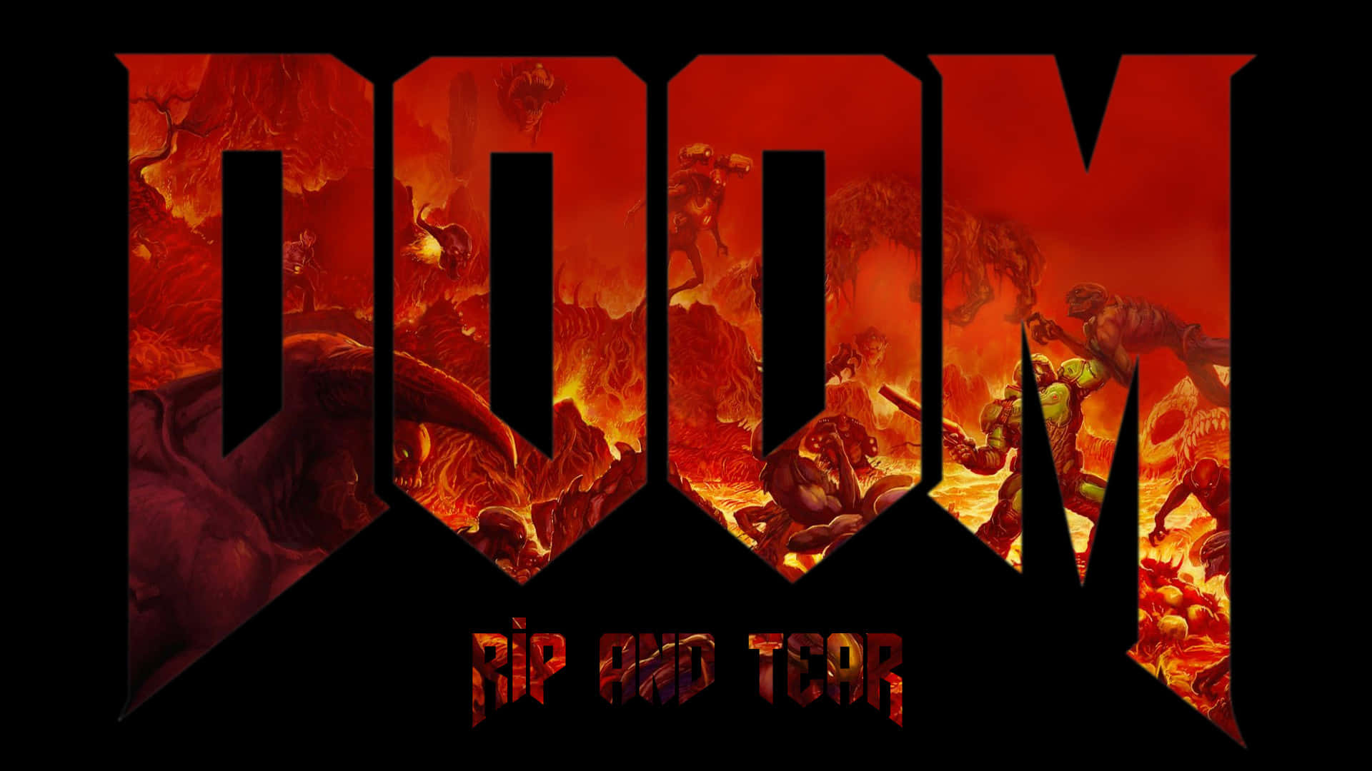 電玩遊戲 桌布 壁紙 — DOOM 這個詞以火紅色的字母發光，惡魔生物在熔岩和地獄火焰中戰鬥。