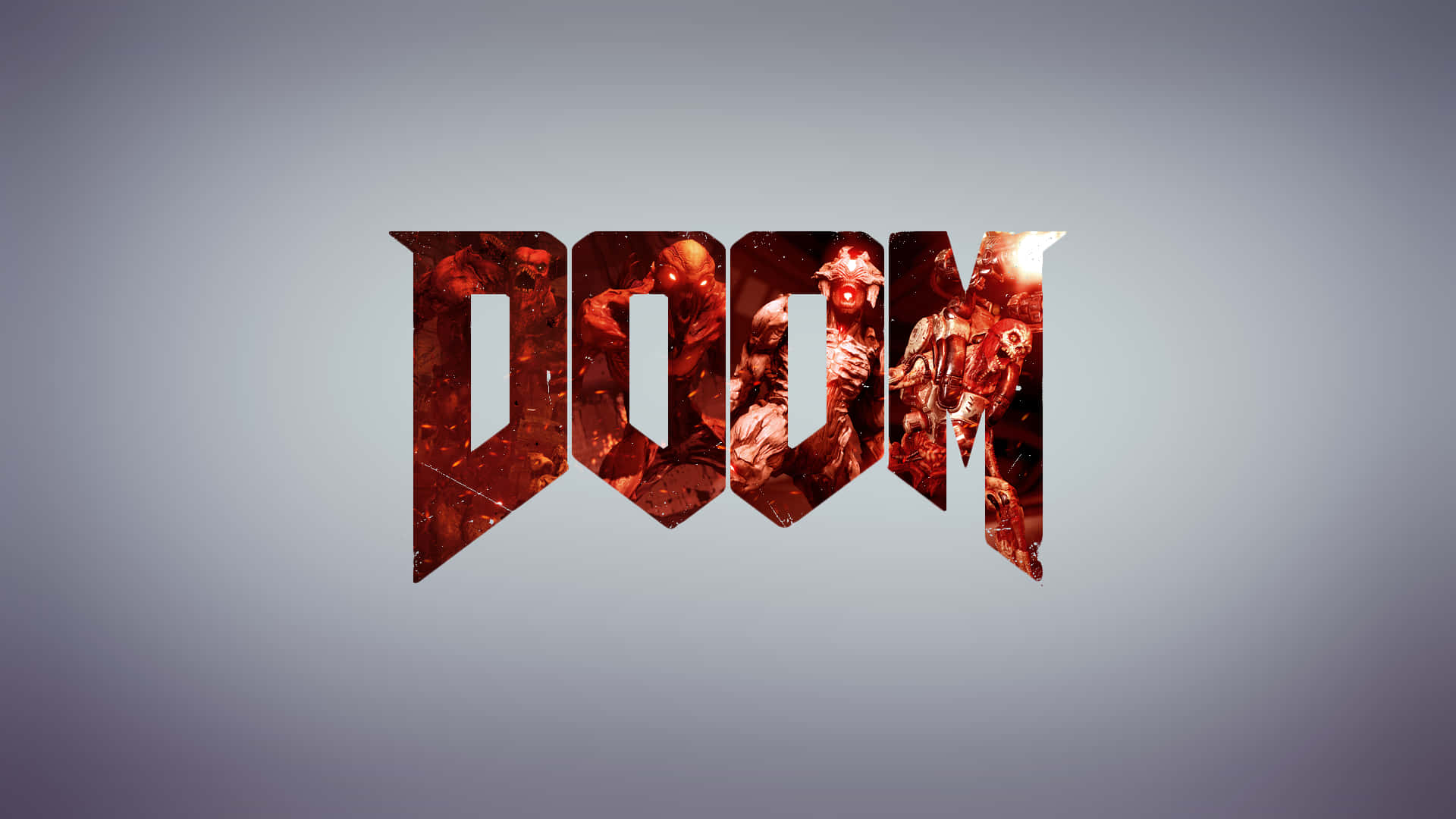 電玩遊戲 桌布 壁紙 — DOOM 這個詞以粗體紅色字母呈現，字母內充滿惡魔生物，背景為漸變灰色。