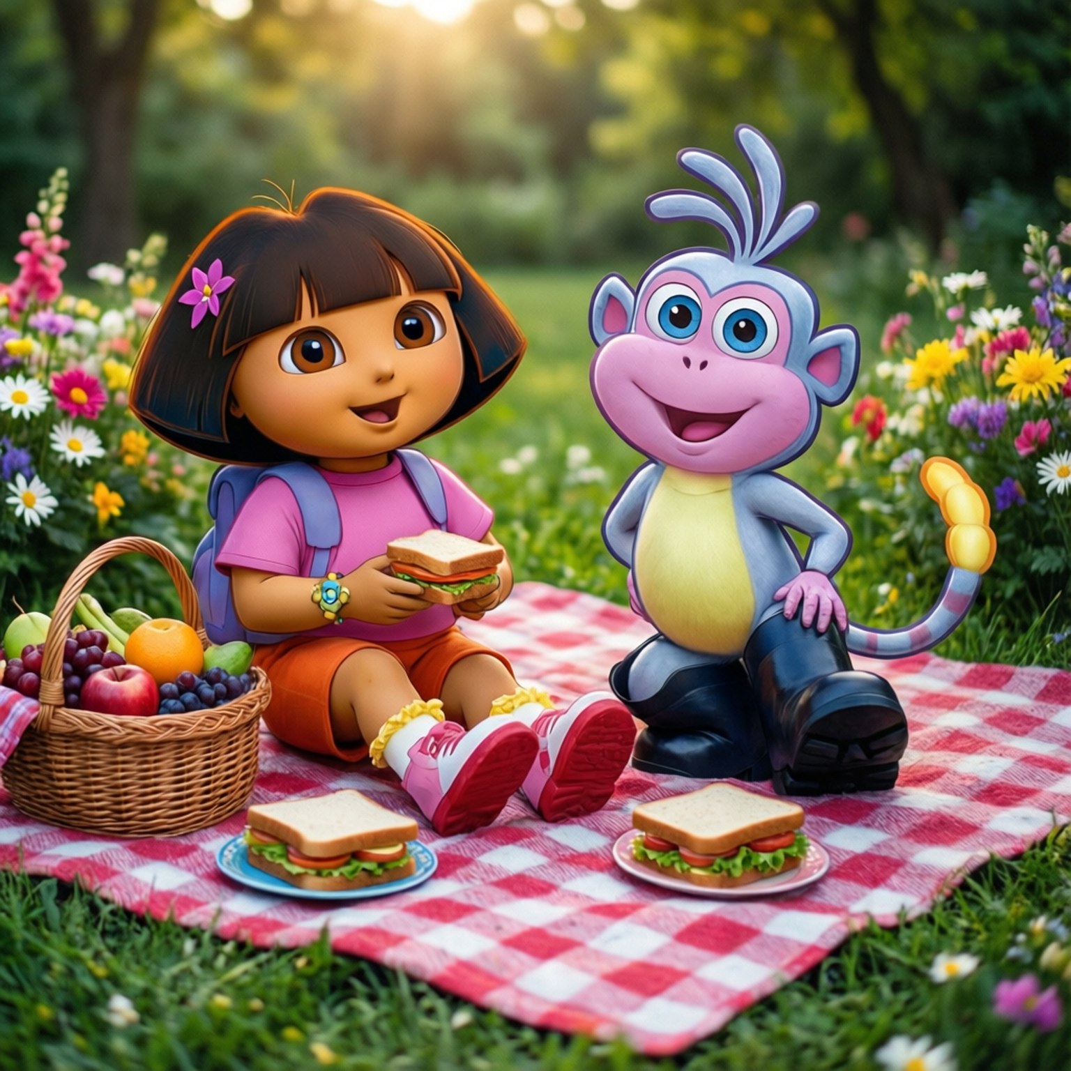 Picnic in the Meadow 壁紙 — Dora 和 Boots 在紅白格子毯上享受陽光野餐，周圍是色彩繽紛的野花。