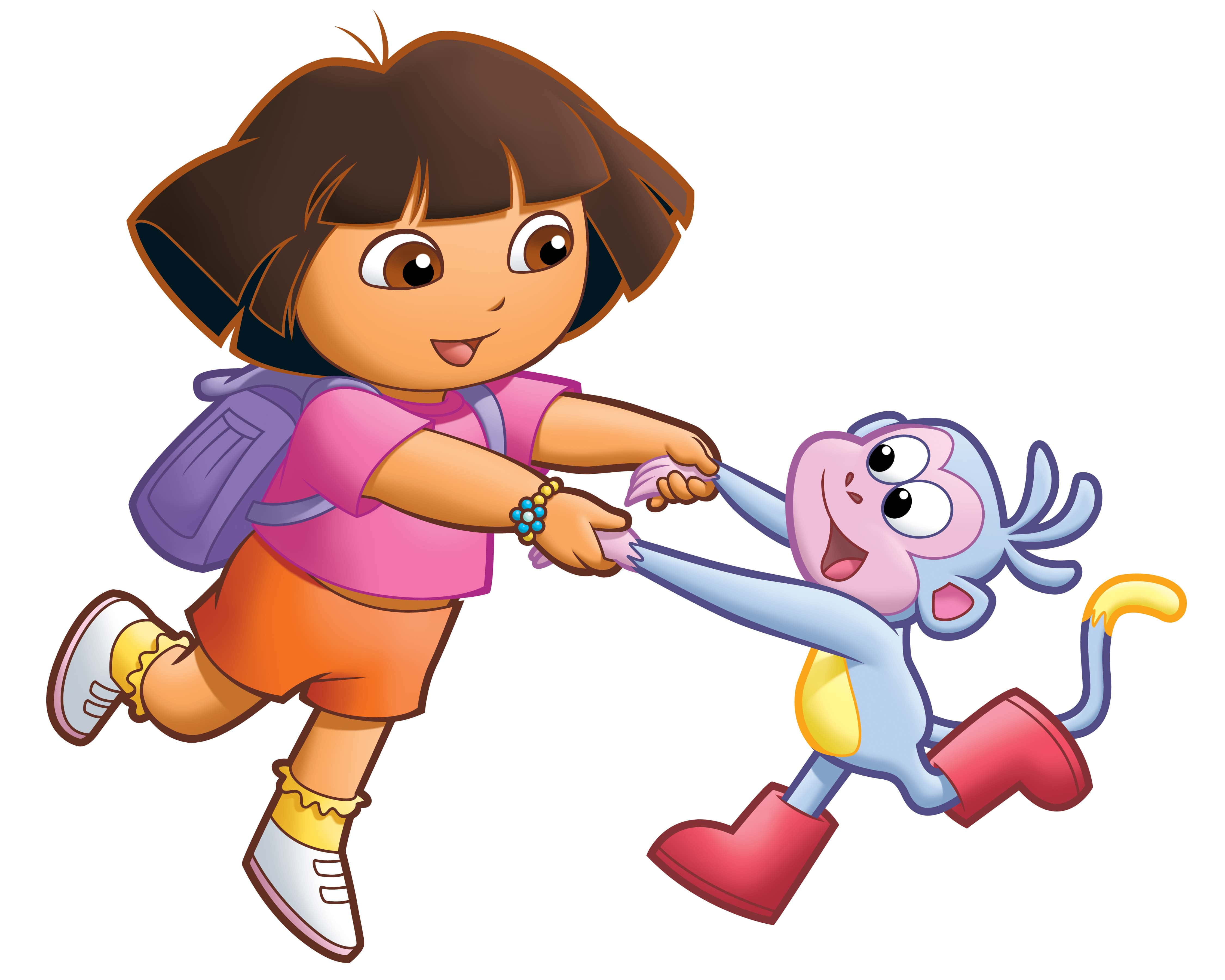 Dora 桌布 壁紙 — Dora the Explorer 和她的猴子朋友 Boots 手牽手，帶著快樂的表情在純白色背景上奔跑。